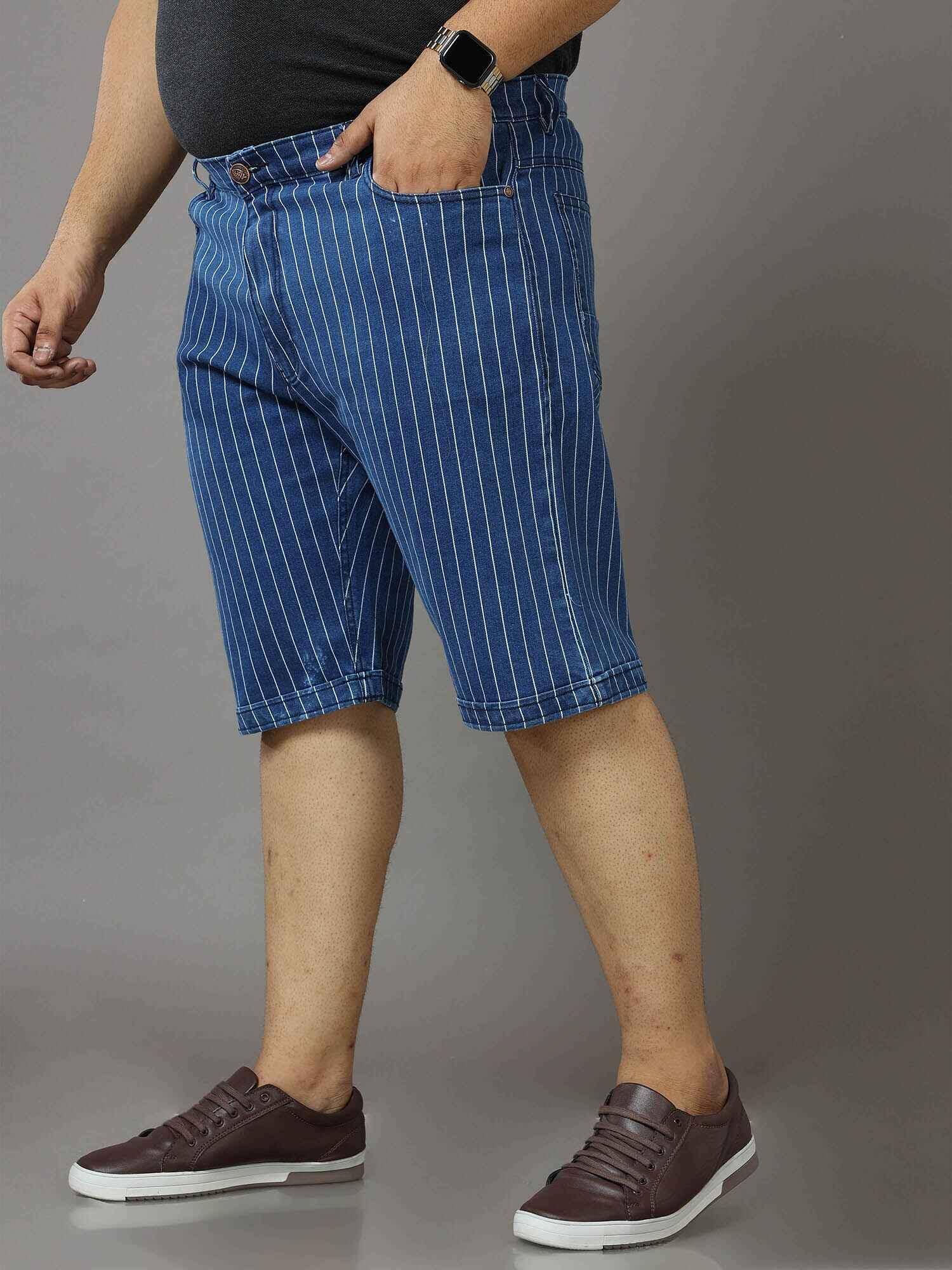 Blue Stripe Denim Shorts Men's Plus Size