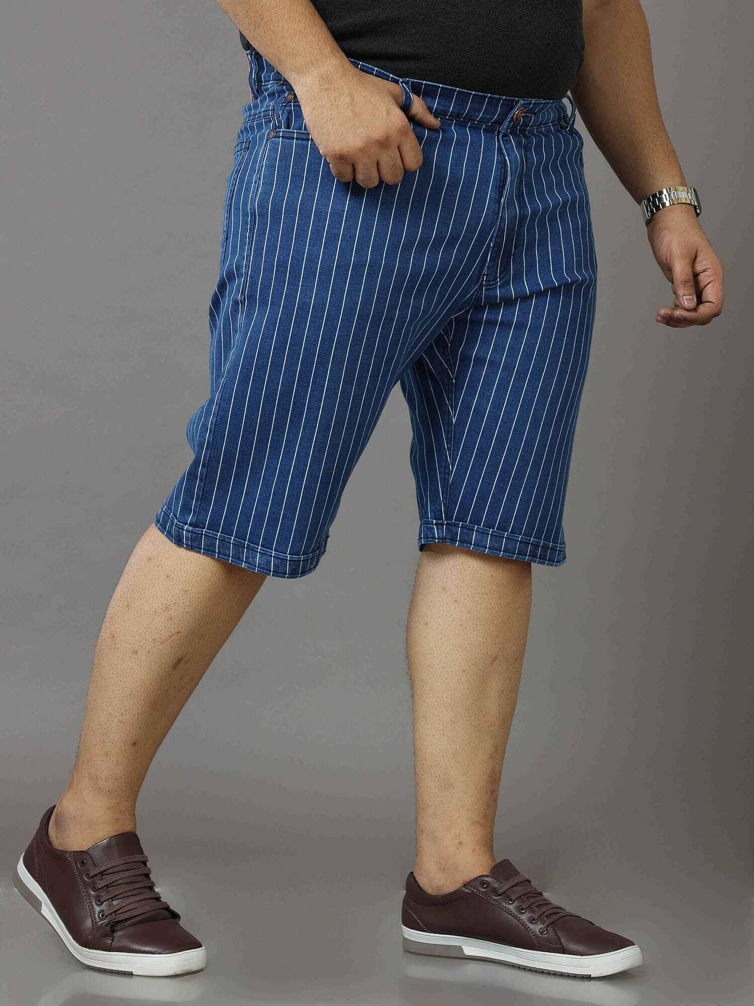 Blue Stripe Denim Shorts Men's Plus Size