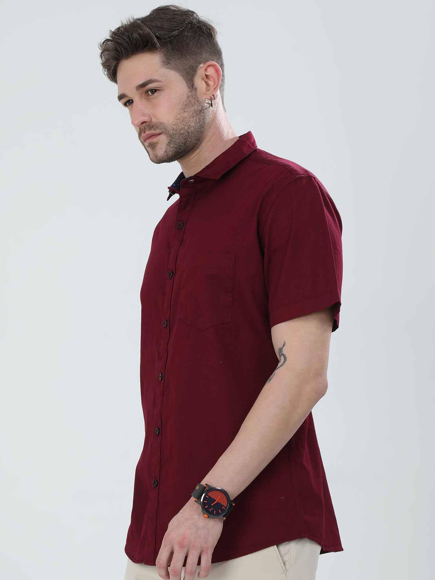 Brick Red Solid Half Sleeve Shirt