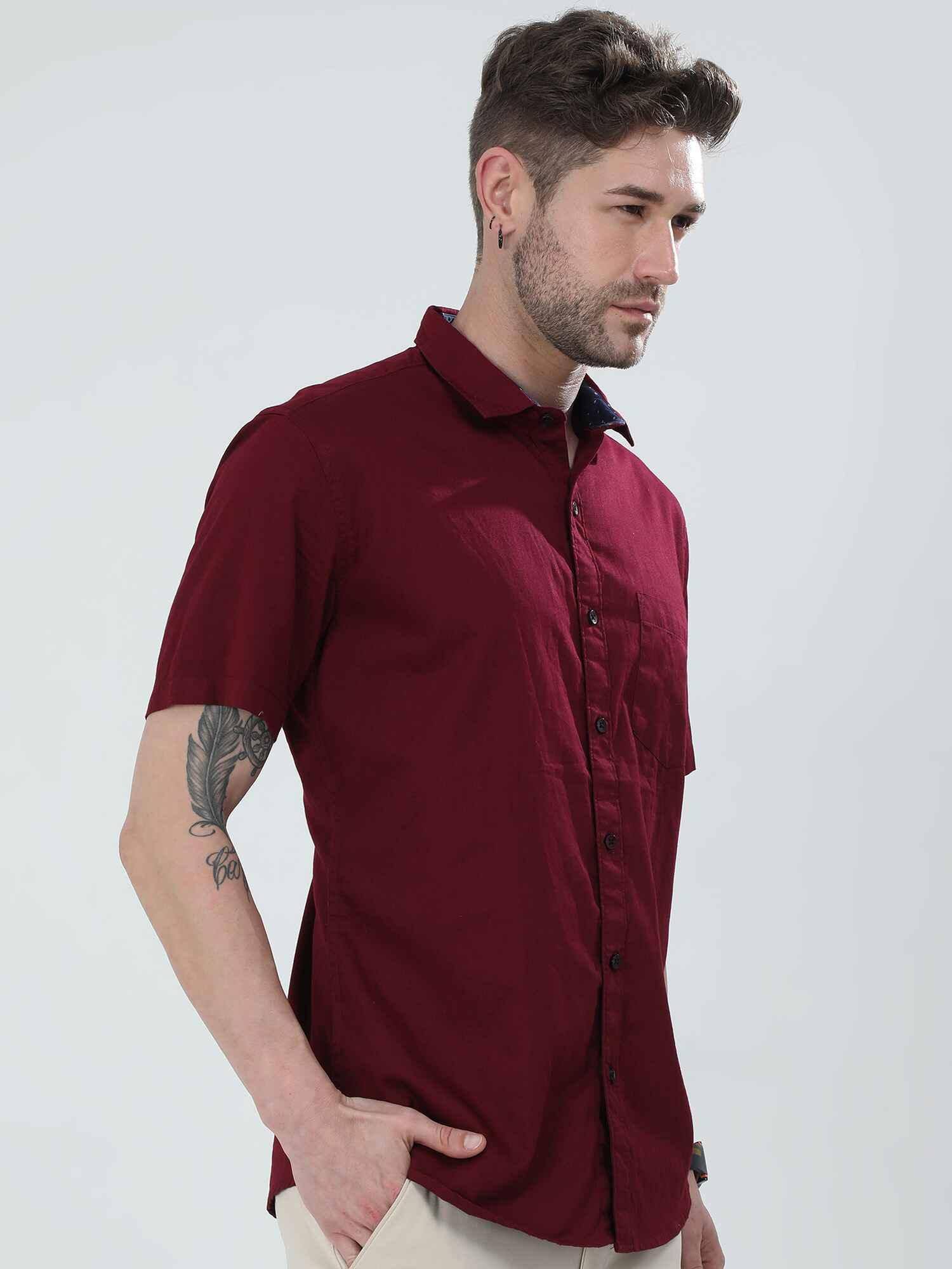 Brick Red Solid Half Sleeve Shirt