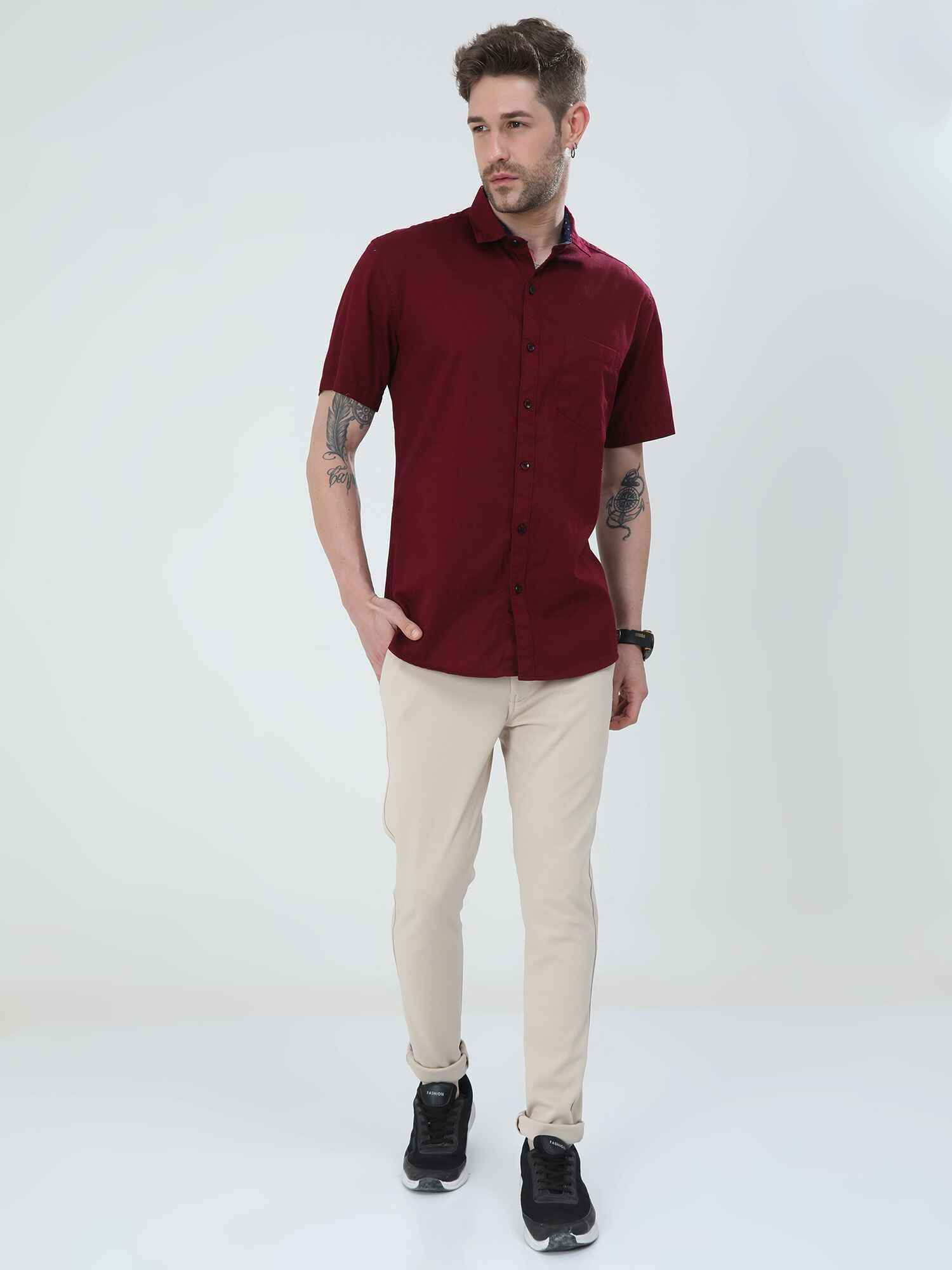 Brick Red Solid Half Sleeve Shirt