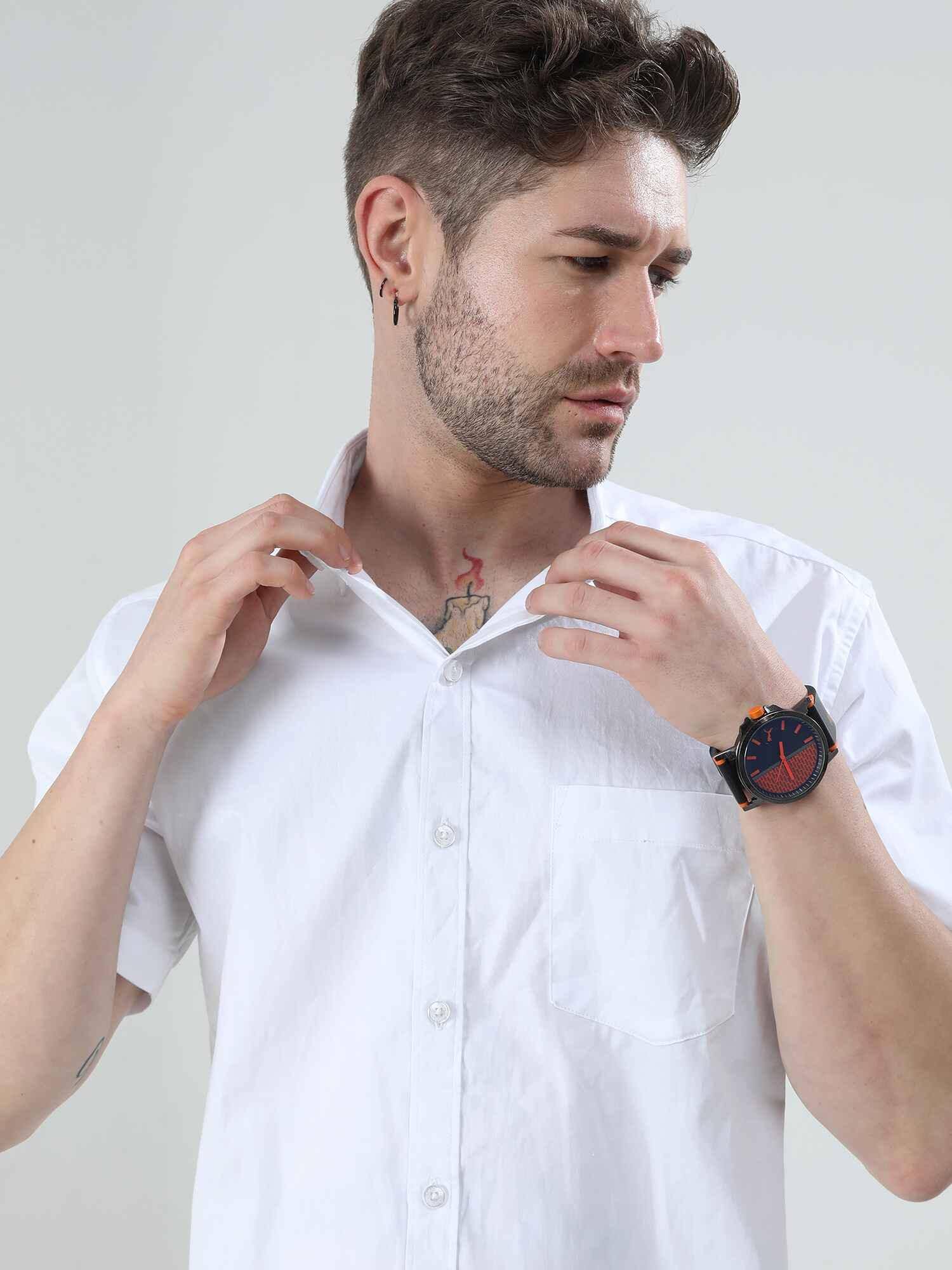 Bright White Solid Half Sleeve Shirt Men's