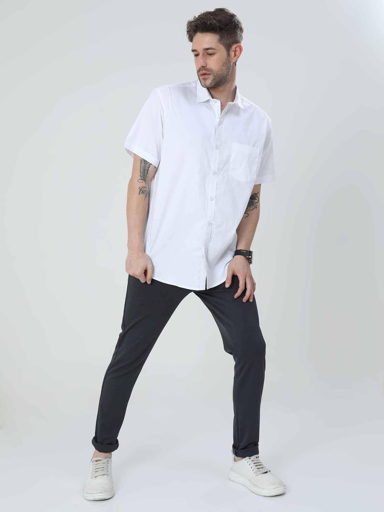Bright White Solid Half Sleeve Shirt Men's