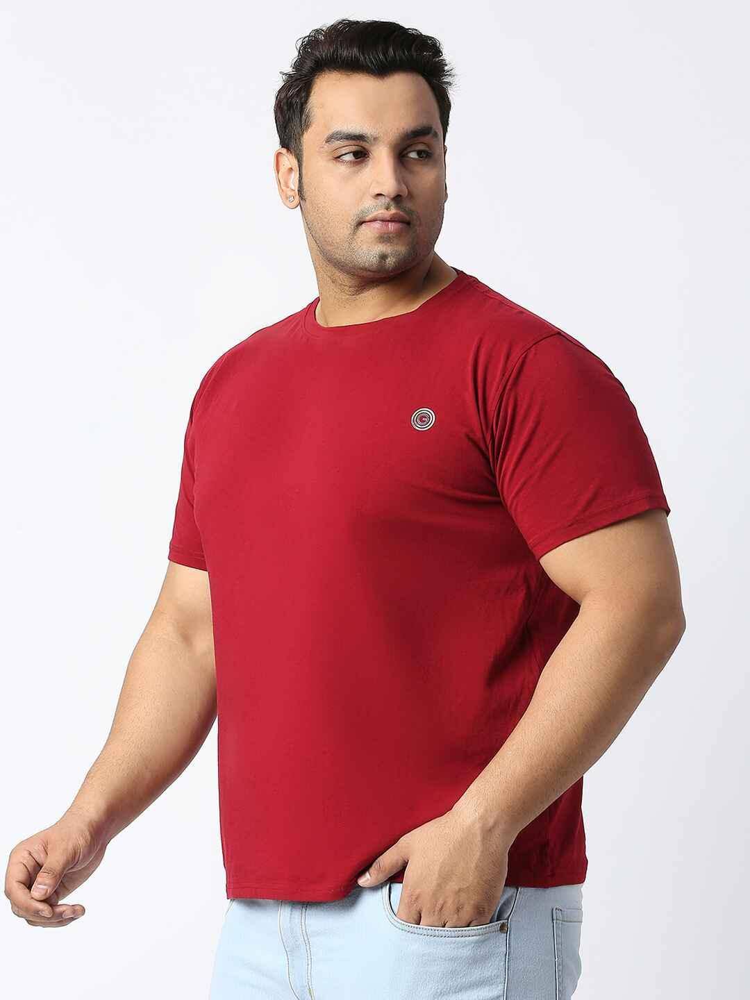 Carmine Red Round Neck Cotton Lycra Tshirt Plus Size
