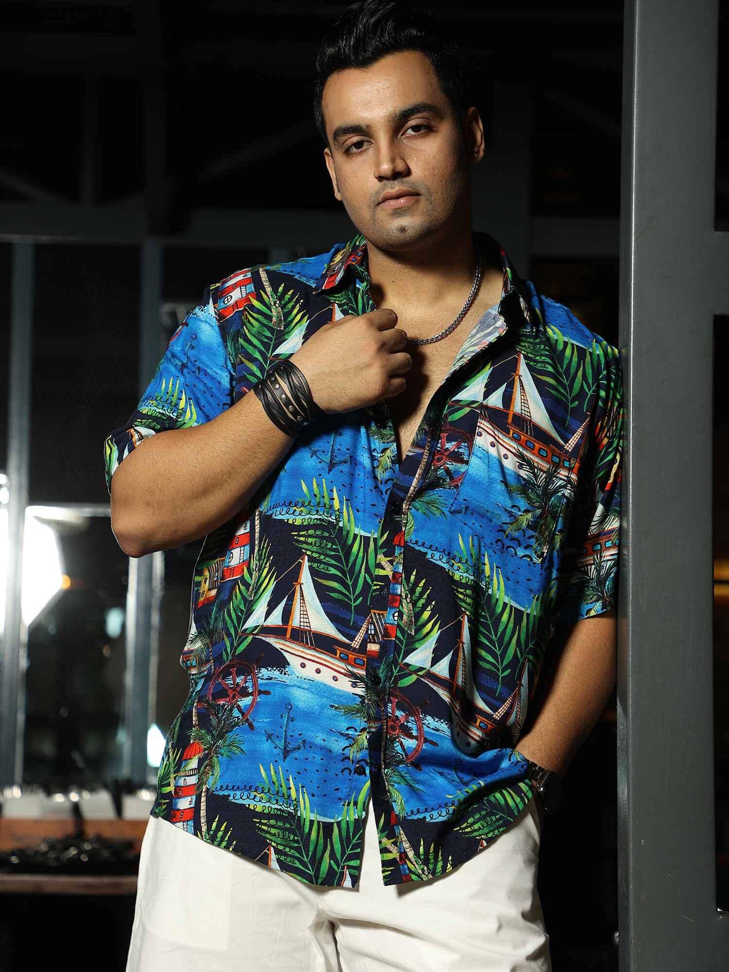 Cool Beach Printed Party Wear Half Shirt Men's Plus Size
