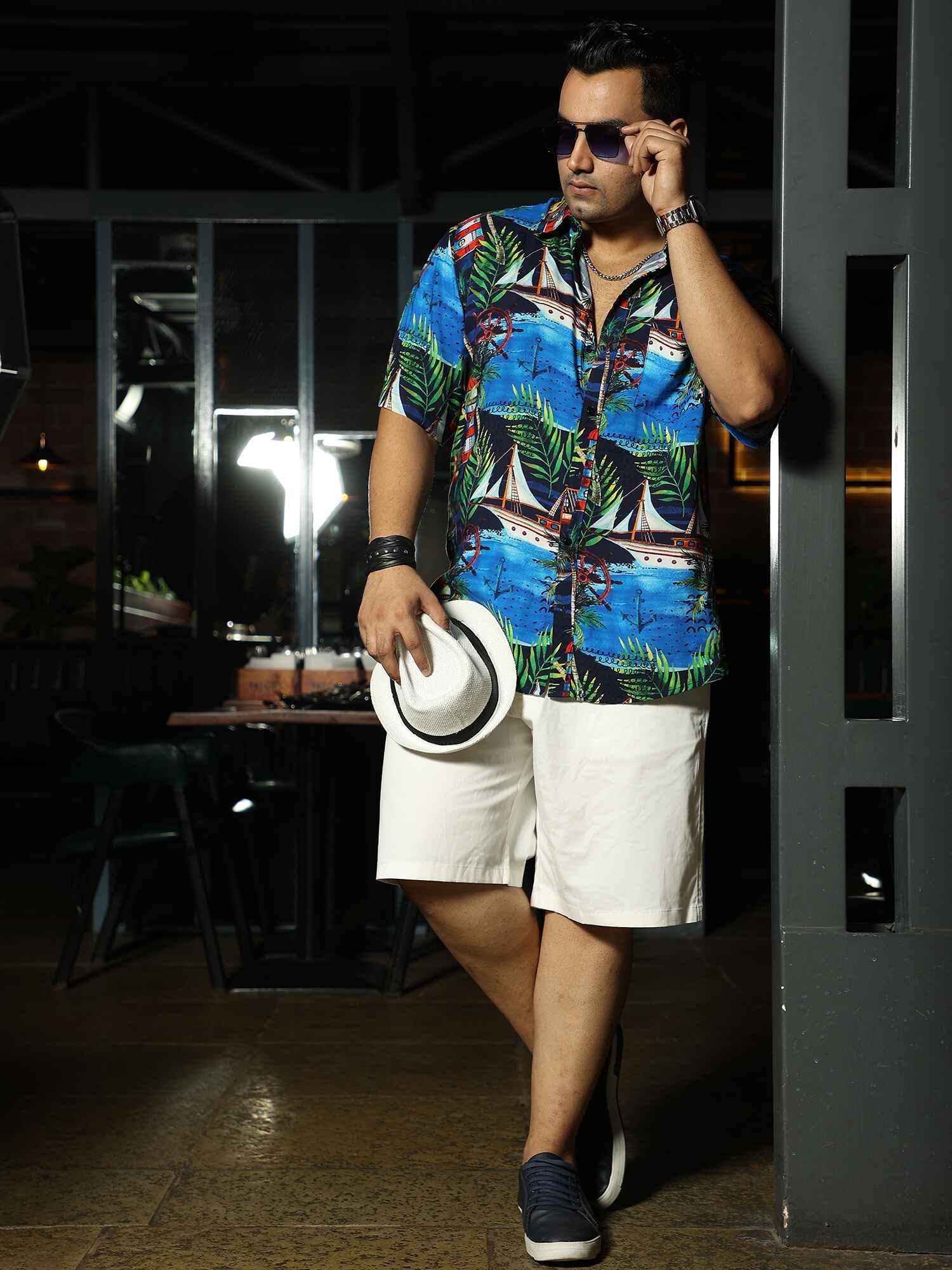 Cool Beach Printed Party Wear Half Shirt Men's Plus Size