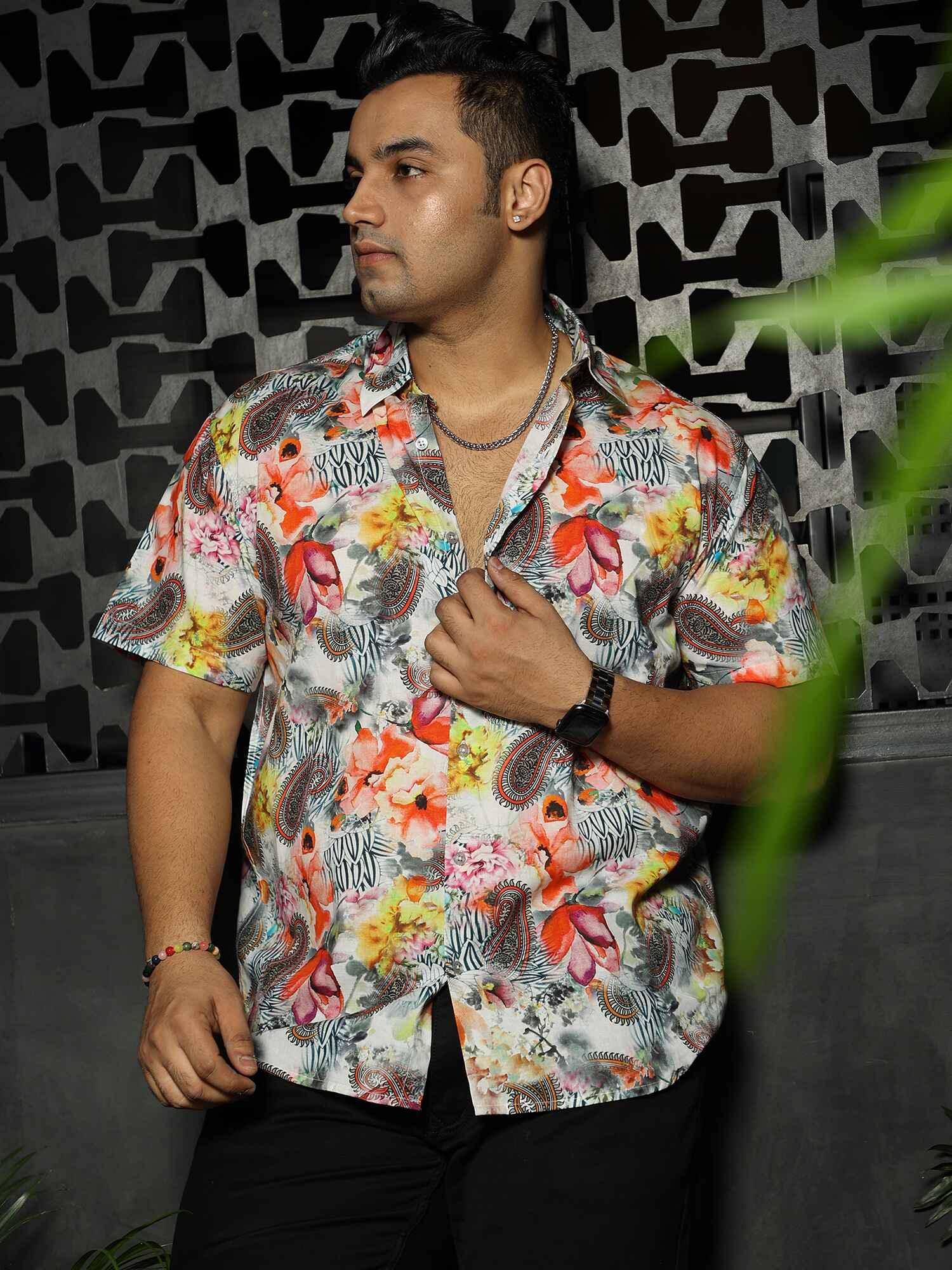 Floral Oriental Party Wear Half Shirt Men's Plus Size