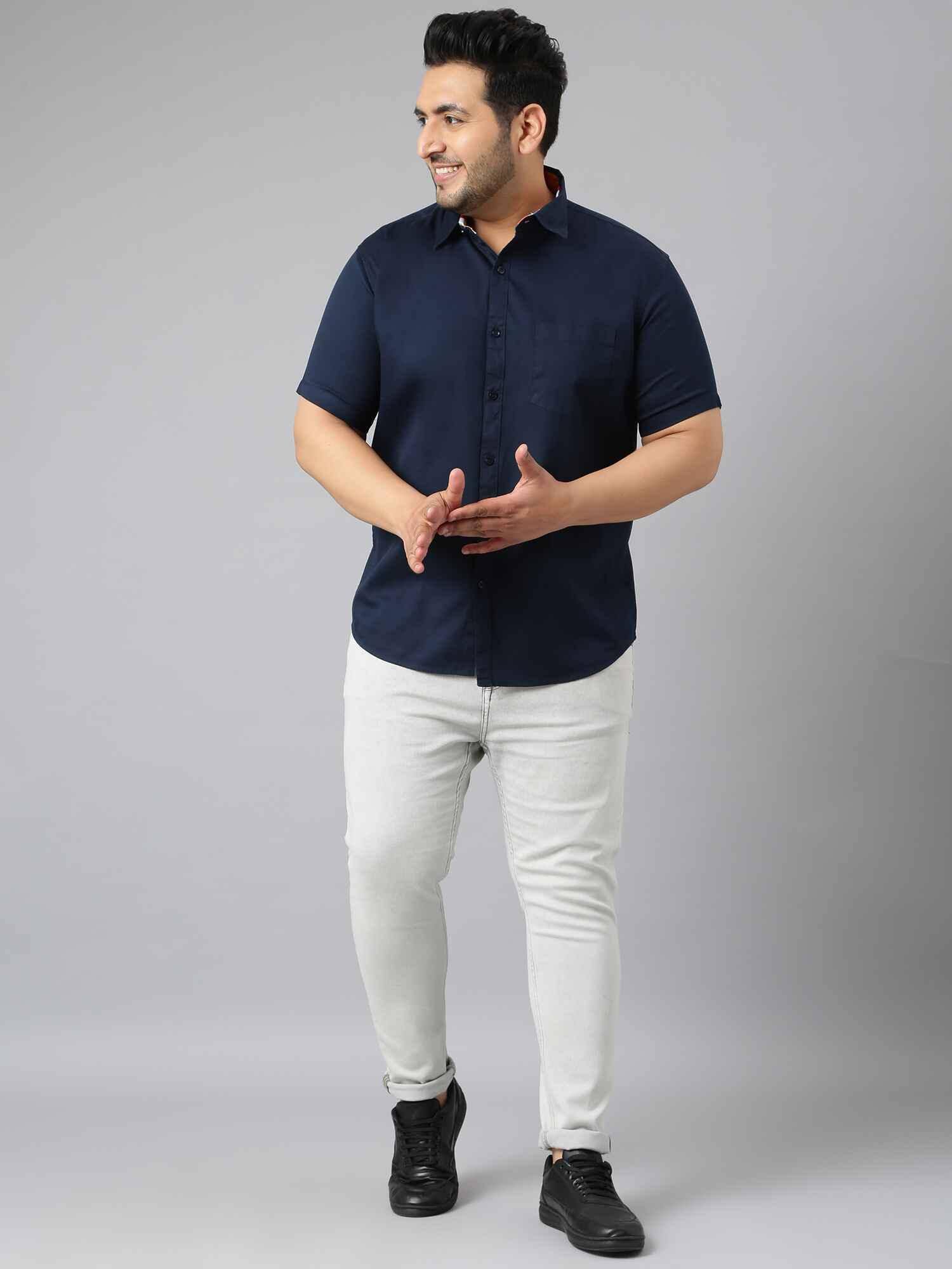 Indigo Blue Pure Cotton Half Sleeve Shirt Men's Plus Size