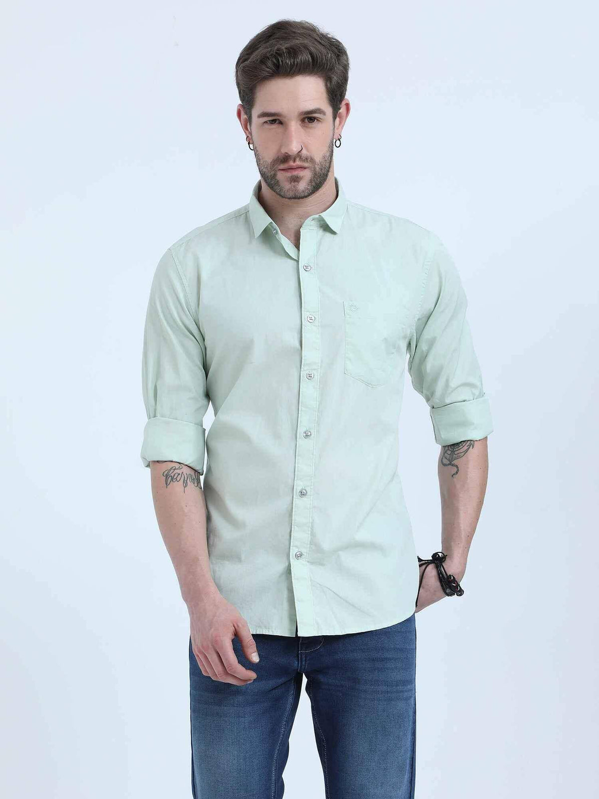 Light Green Solid Cotton Full Sleeve Shirt - Guniaa Fashions