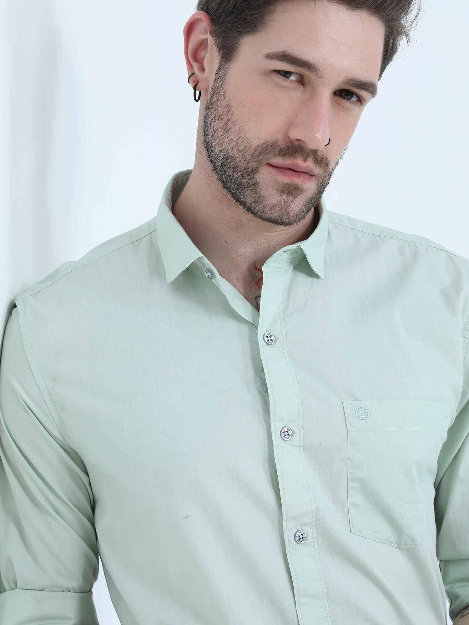 Light Green Solid Cotton Full Sleeve Shirt - Guniaa Fashions