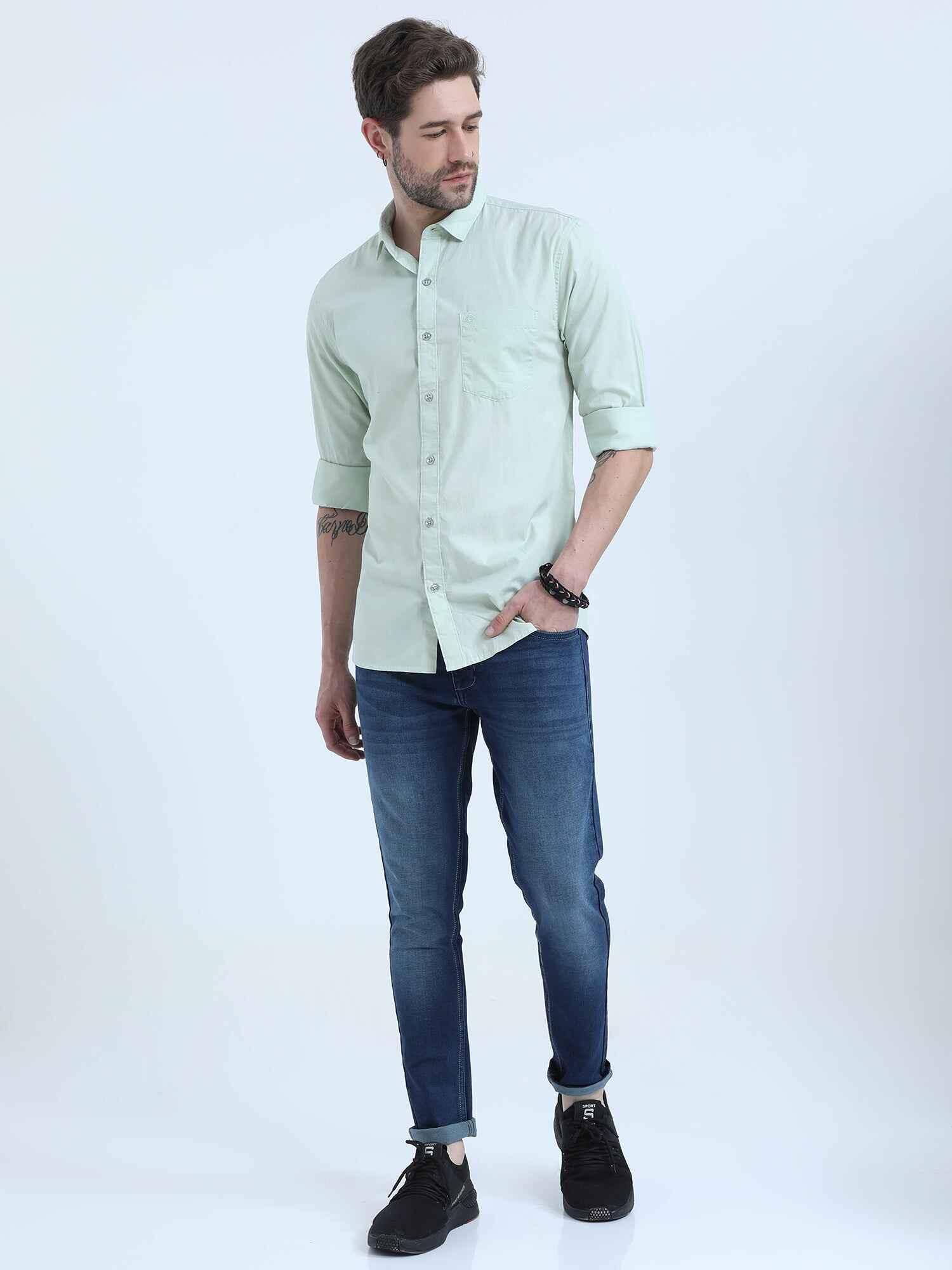 Light Green Solid Cotton Full Sleeve Shirt - Guniaa Fashions