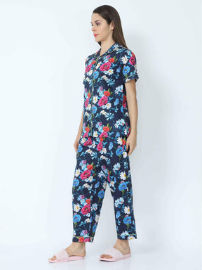 Midnight Blue Floral Printed Night Suit Set - Guniaa Fashions