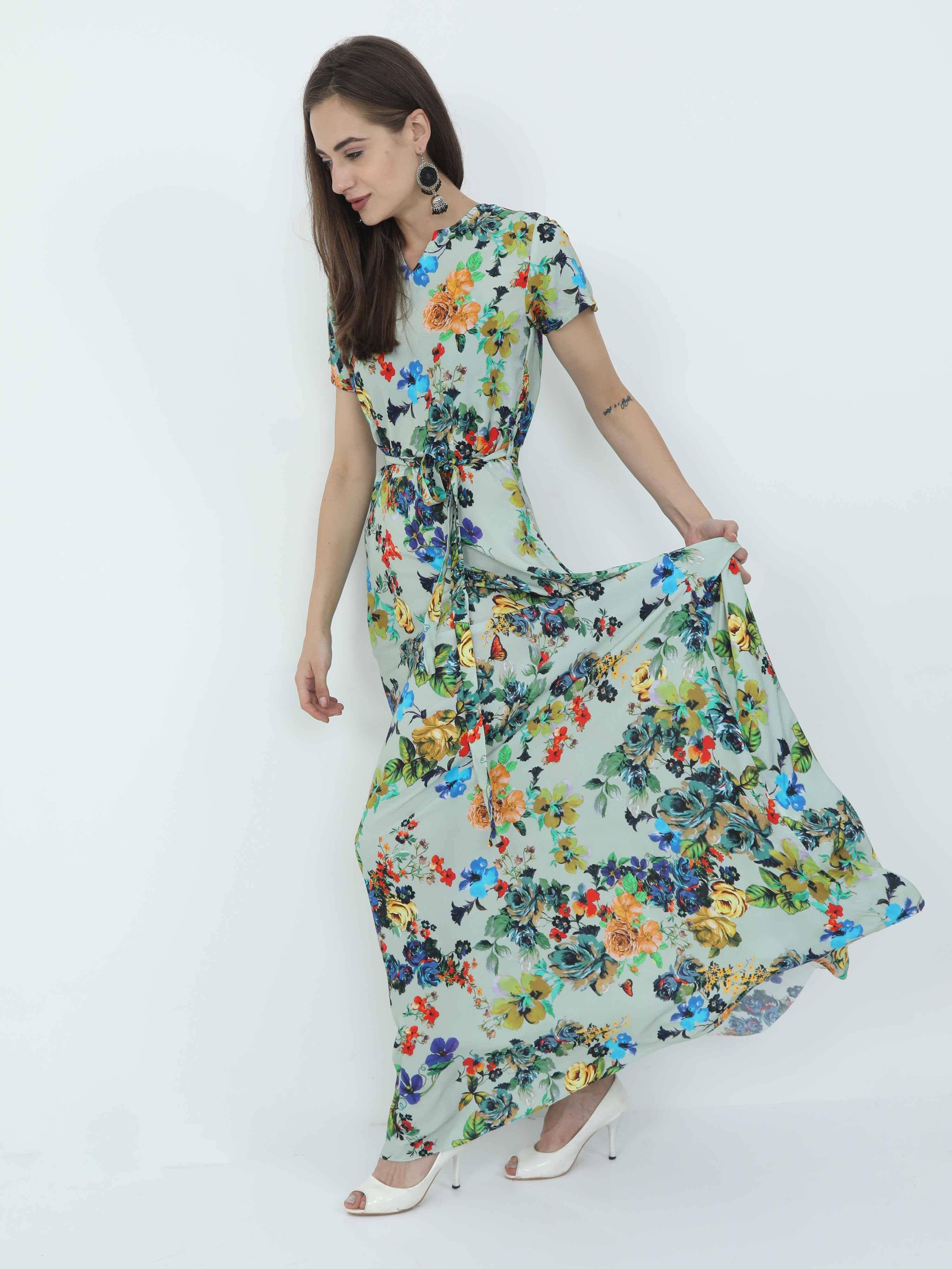 Multicolored Digital Print Fit & Flare Maxi Dress