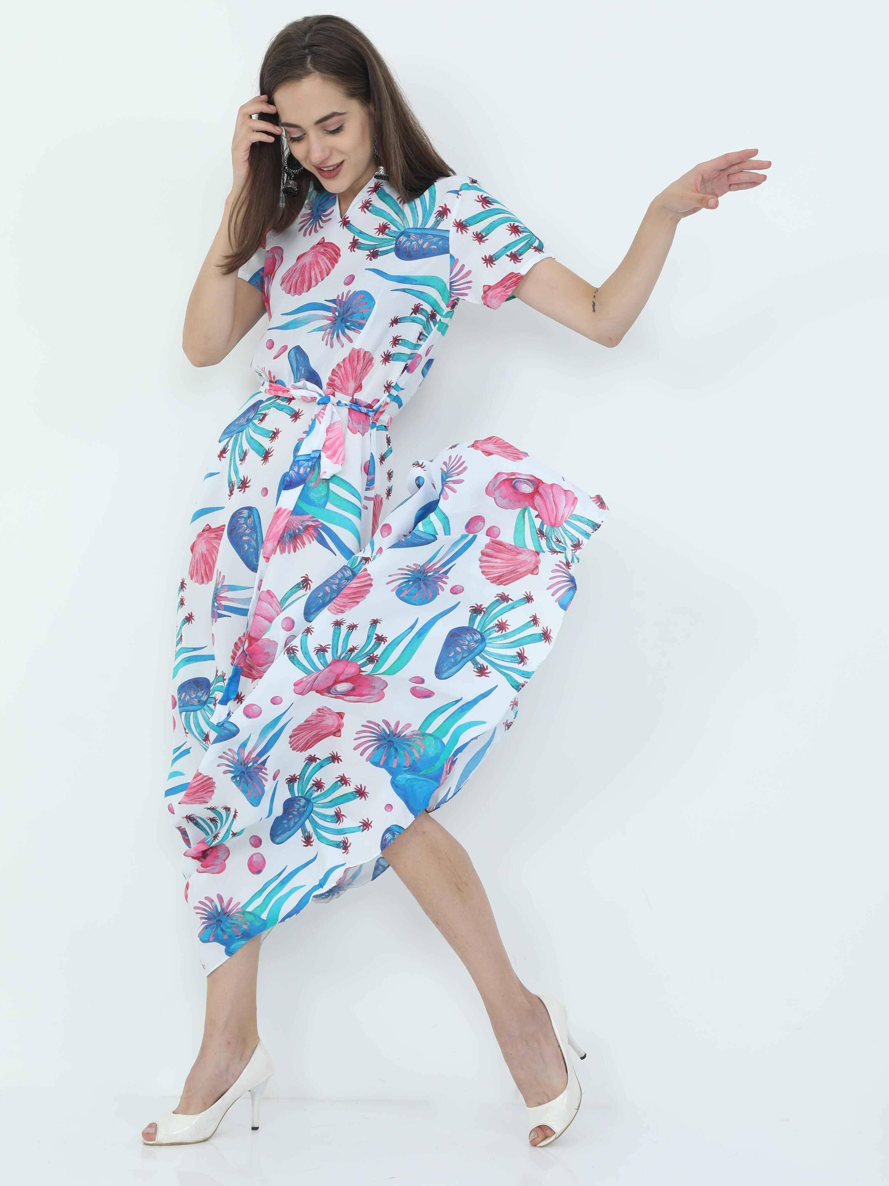 Multicolored Digital Print Fit & Flare Maxi Dress