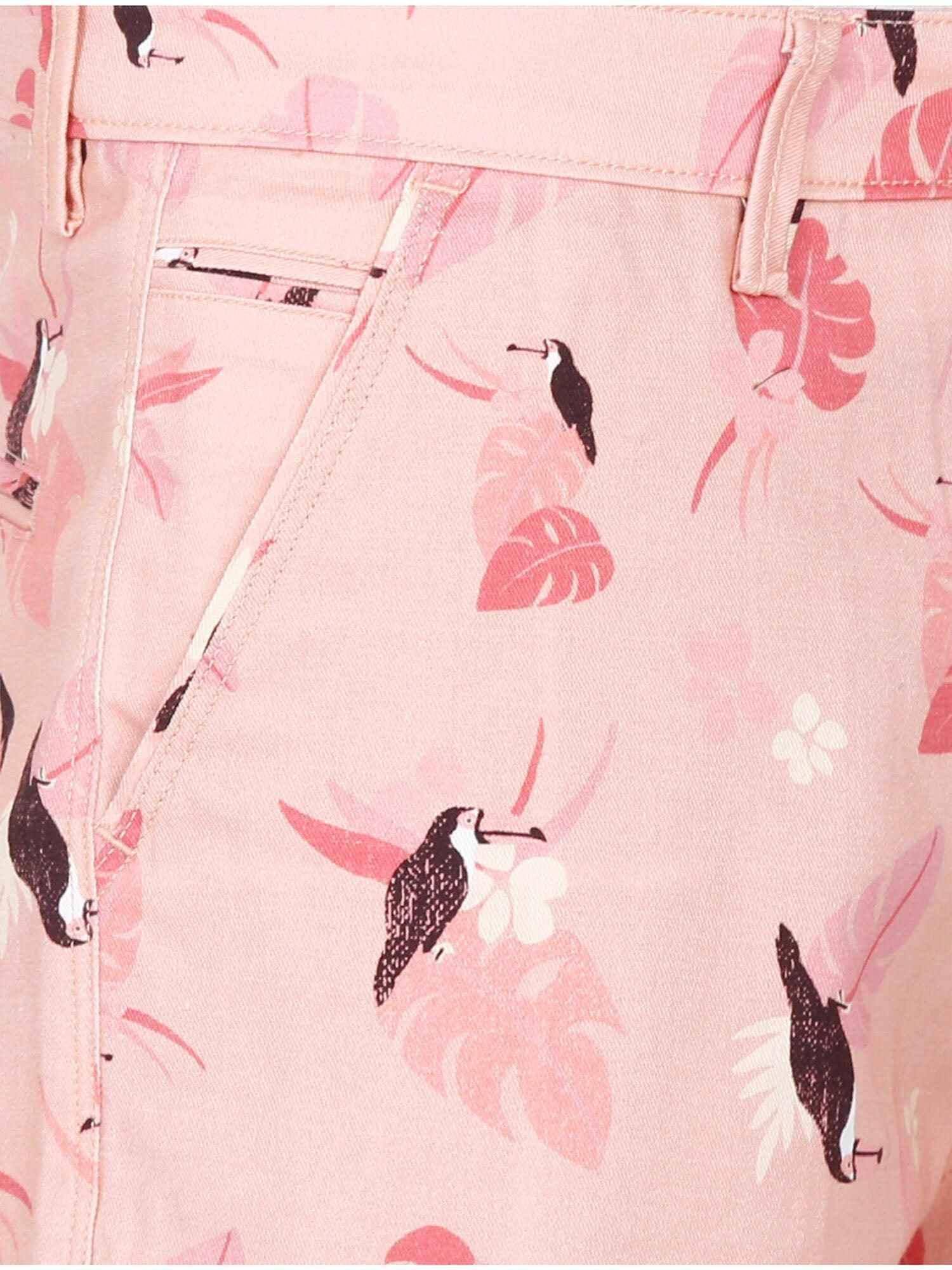 Peach Men Bird Printed Cotton Shorts - Guniaa Fashions