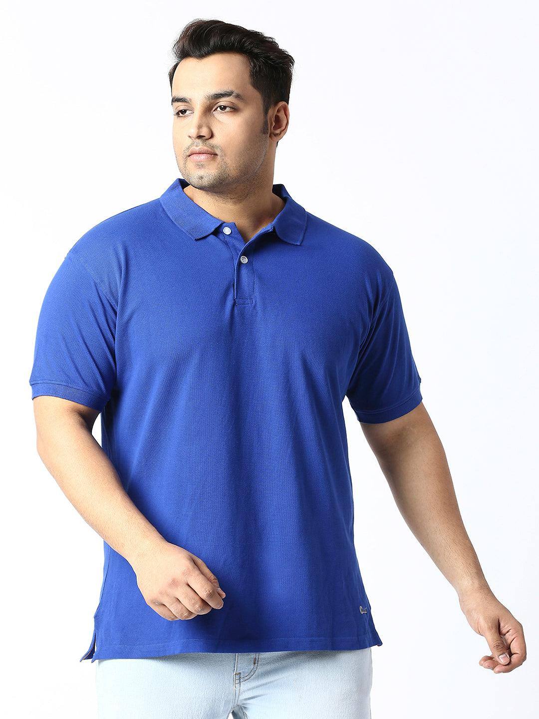 Peacock Blue Solid Polo Collar Pure Cotton T-SHIRT Men's Plus Size - Guniaa Fashions