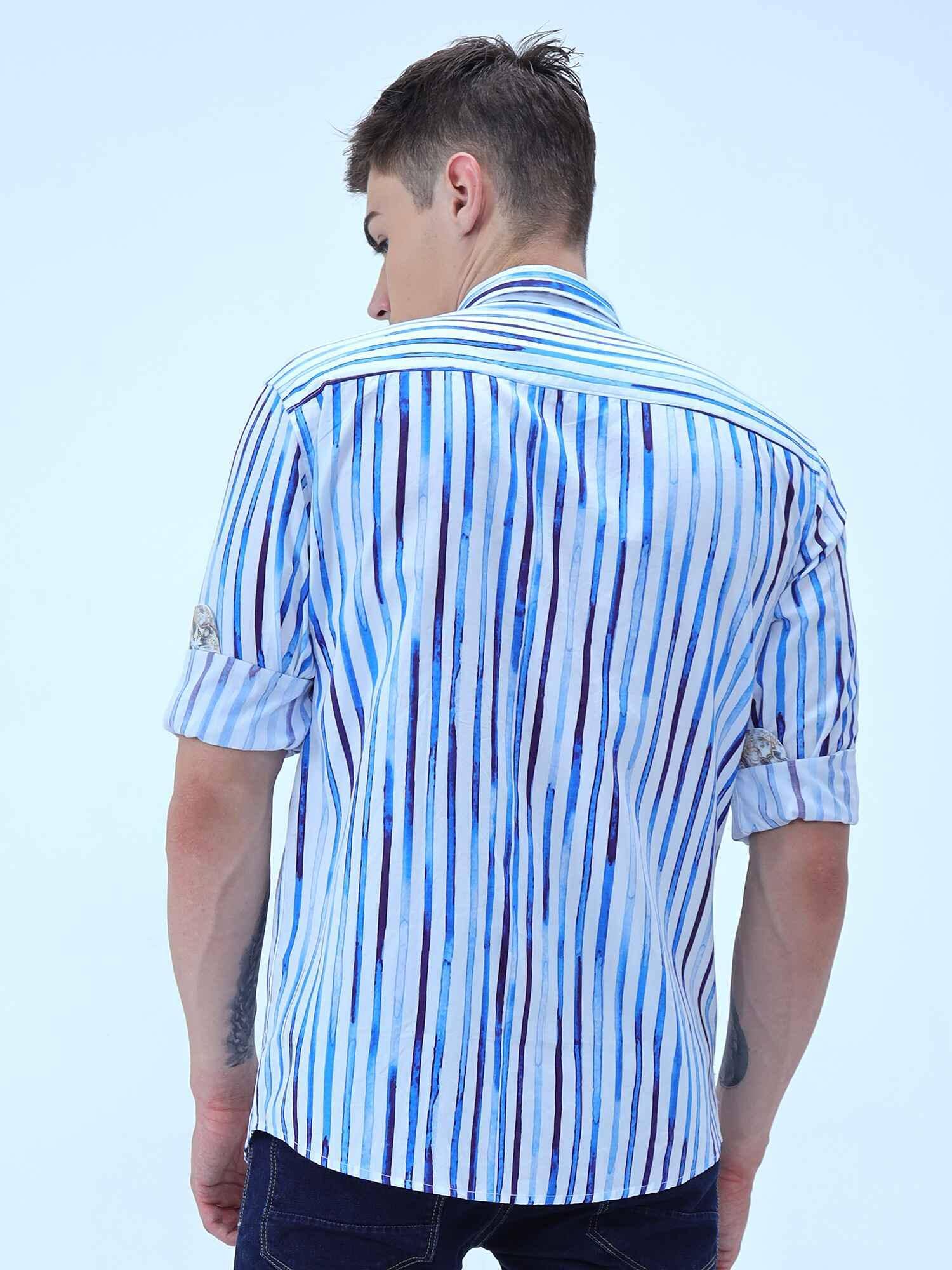 Premium - Cobalt Candy Striped Formal Wear Full Shirt Men's Plus Size