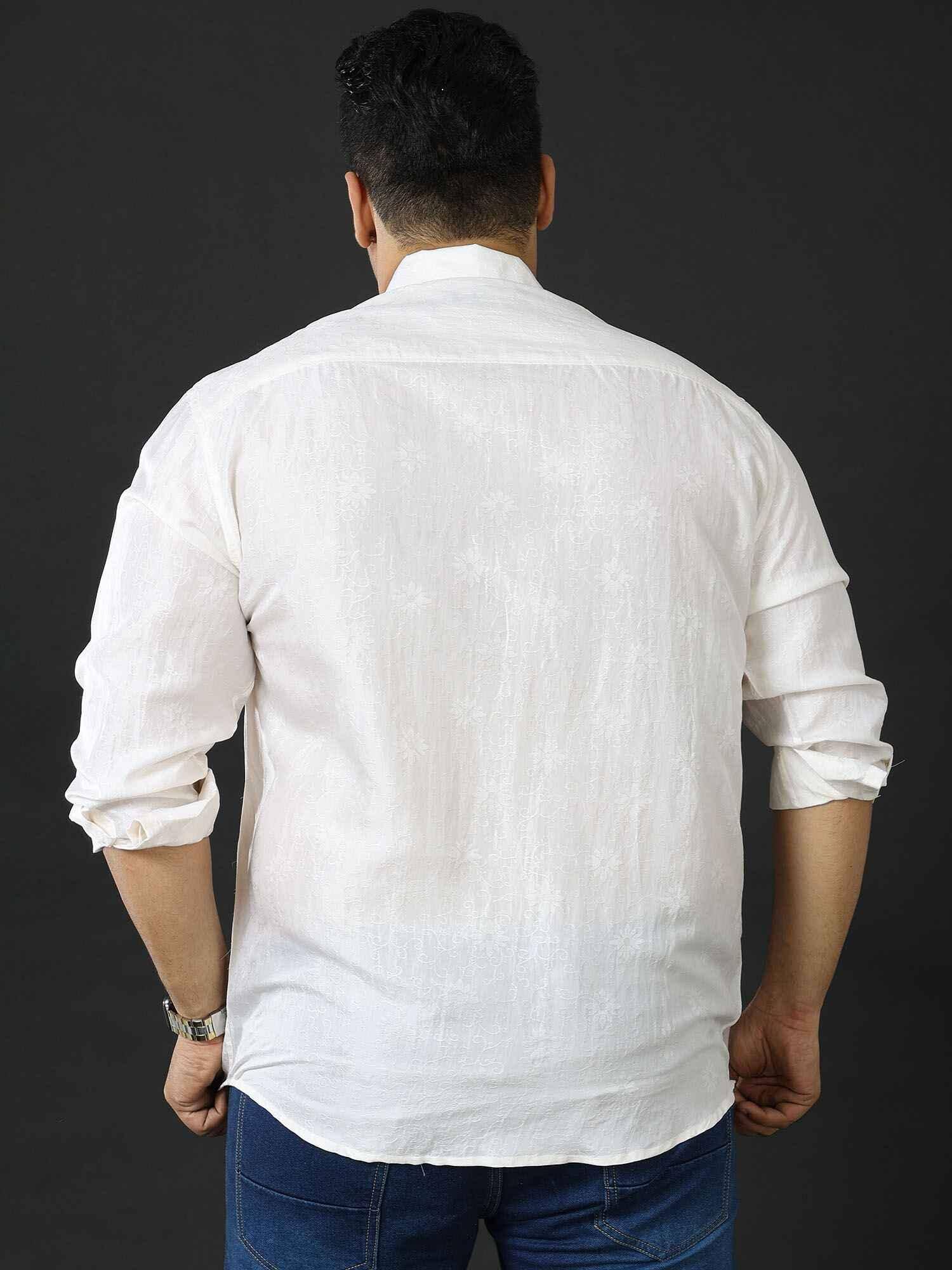 Premium Pearl White Jacquard Silk Full Shirt Men's Plus size