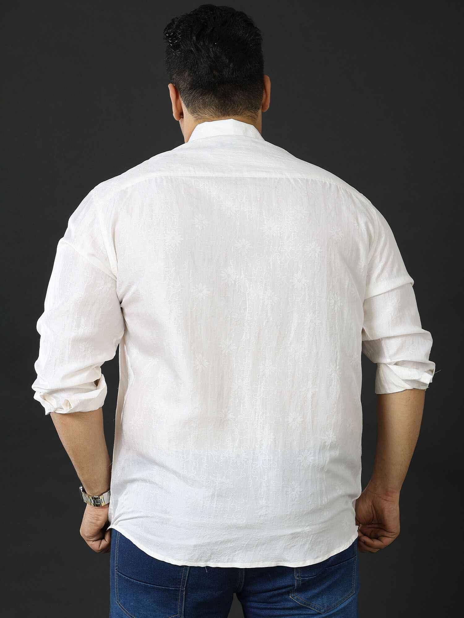 Premium Pearl White Jacquard Silk Full Shirt Men's Plus size - Guniaa Fashions