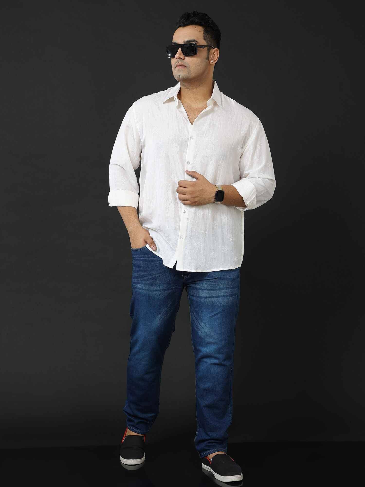 Premium Pearl White Jacquard Silk Full Shirt Men's Plus size