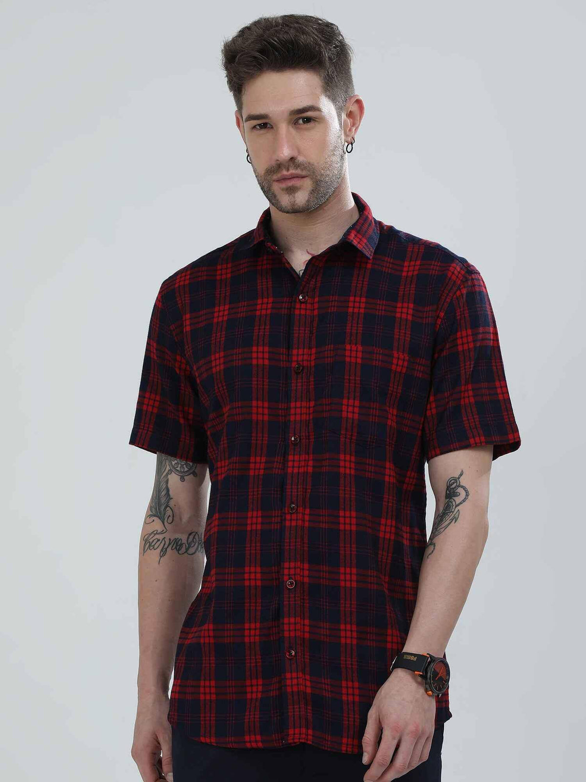 Red and Blue Indigo Cotton Check Half Shirt Men's Plus Size - Guniaa Fashions