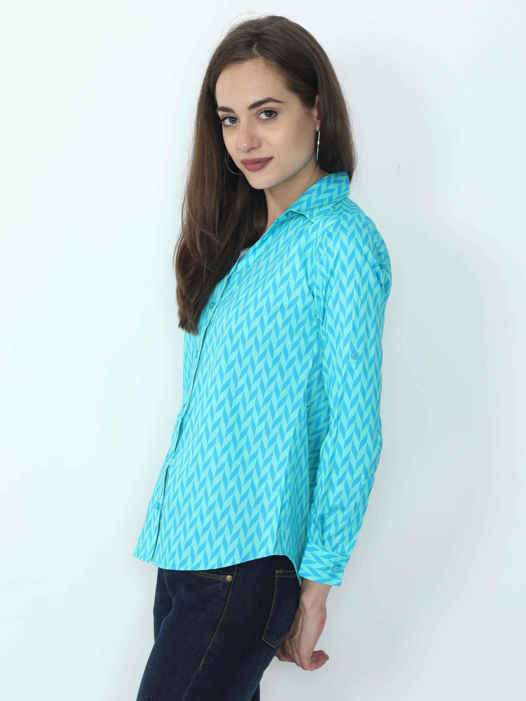 Sky Blue Digital Printed Tailored Fit Shirt - Guniaa Fashions