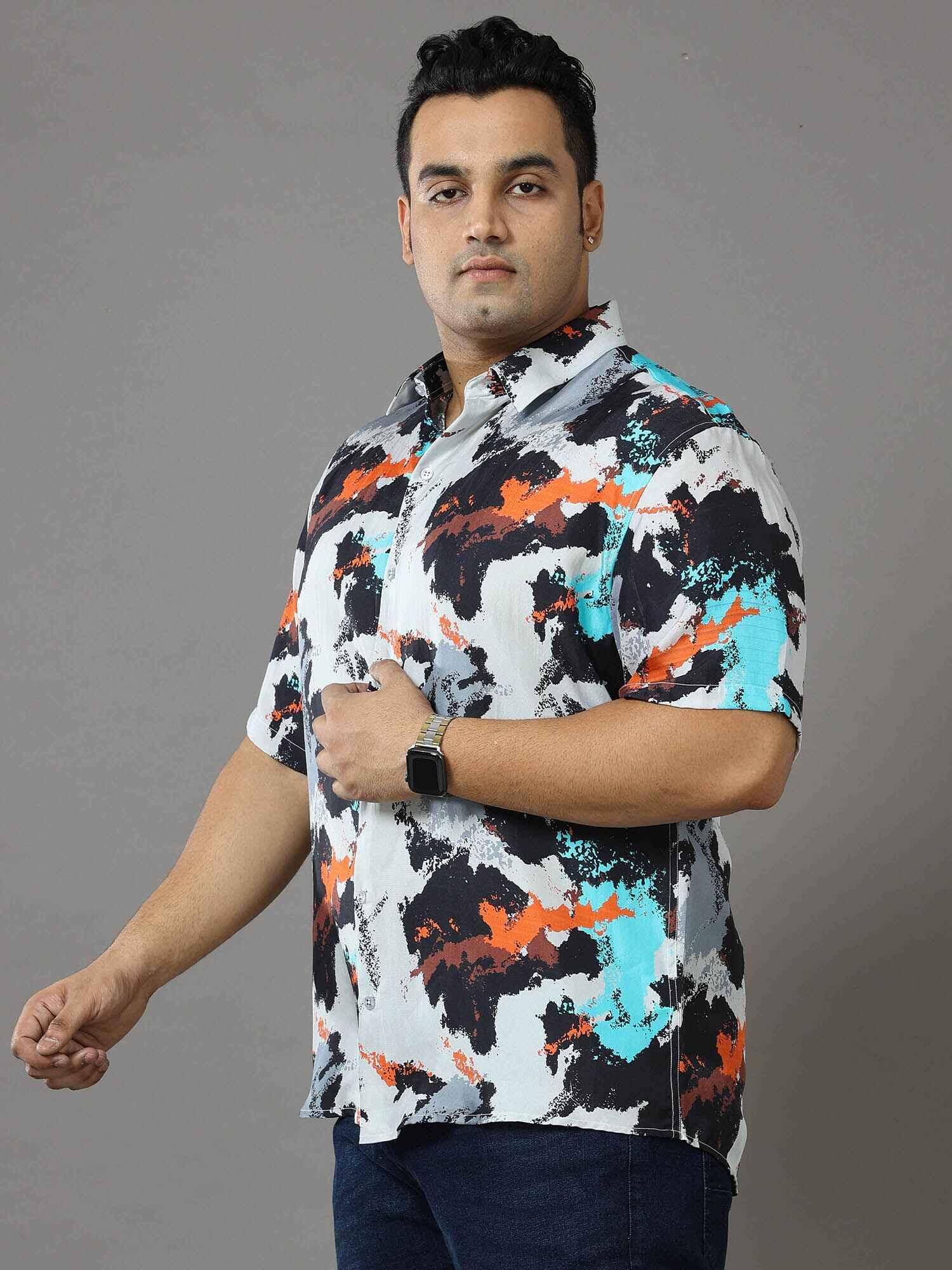 Volcano Printed Silk Half Shirt Men's Plus Size