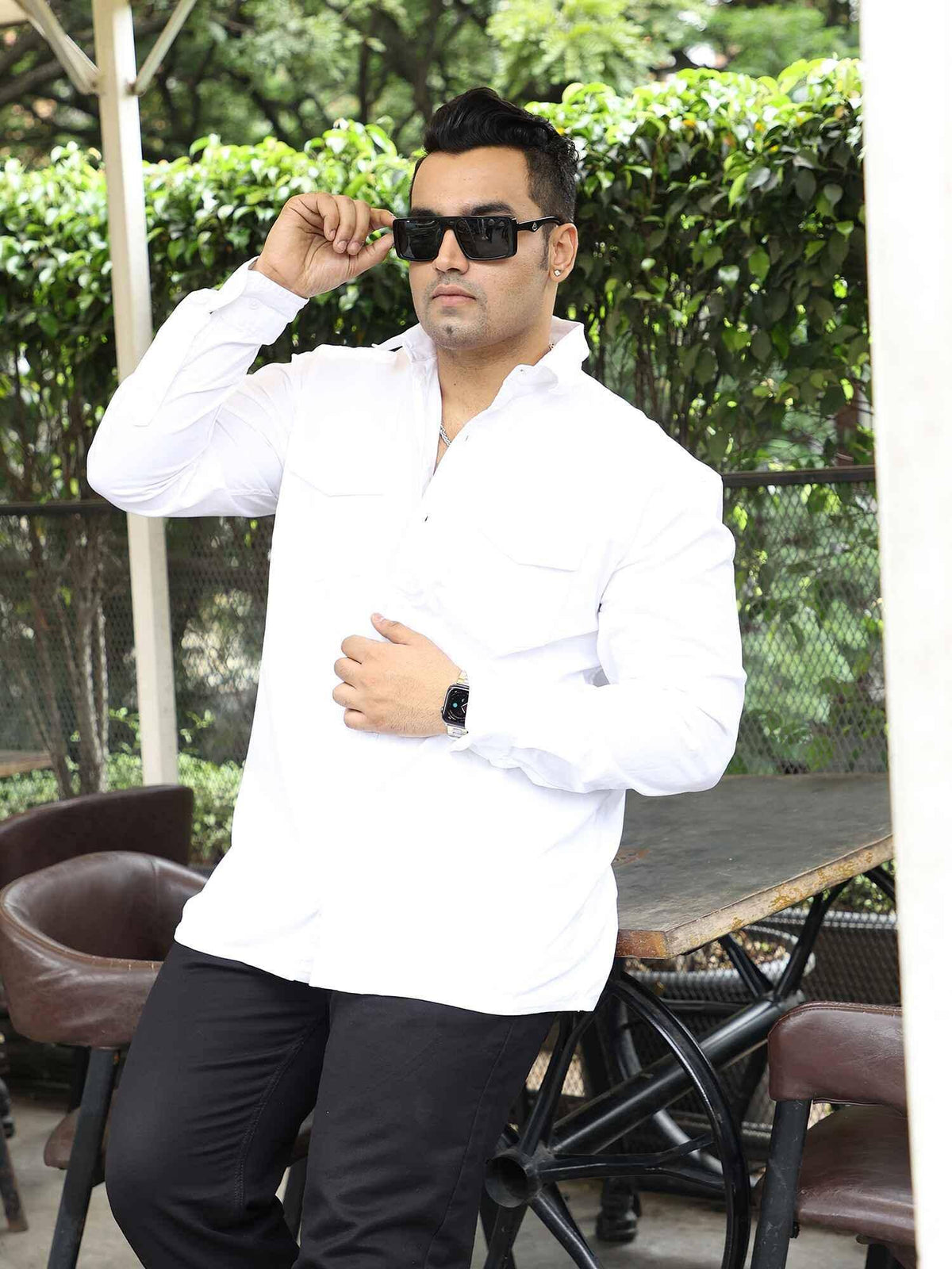 White Denim Lycra Double Pocket Full Shirt Men's Plus Size - Guniaa Fashions