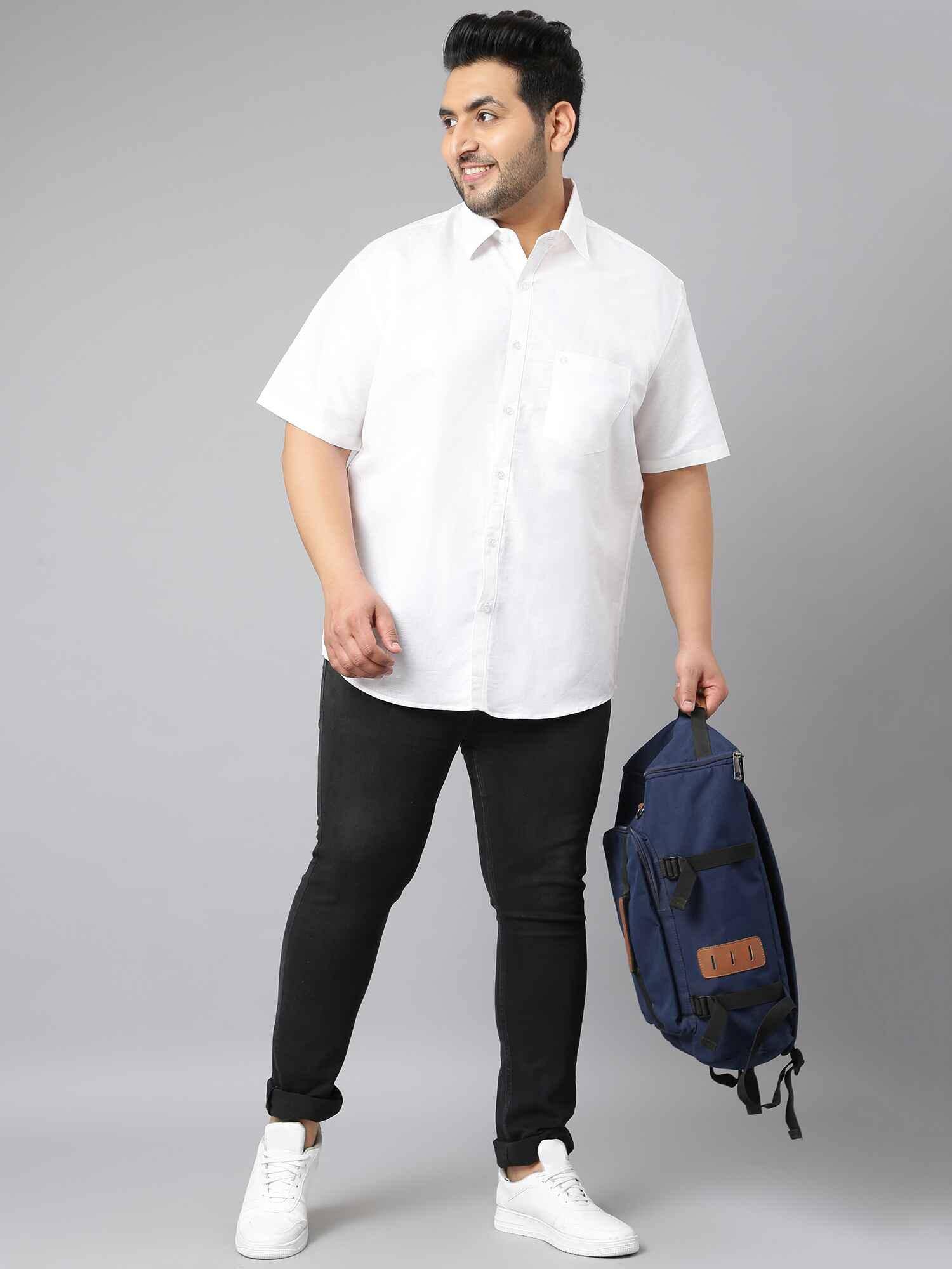 White Linen Half Shirt Men's Plus Size