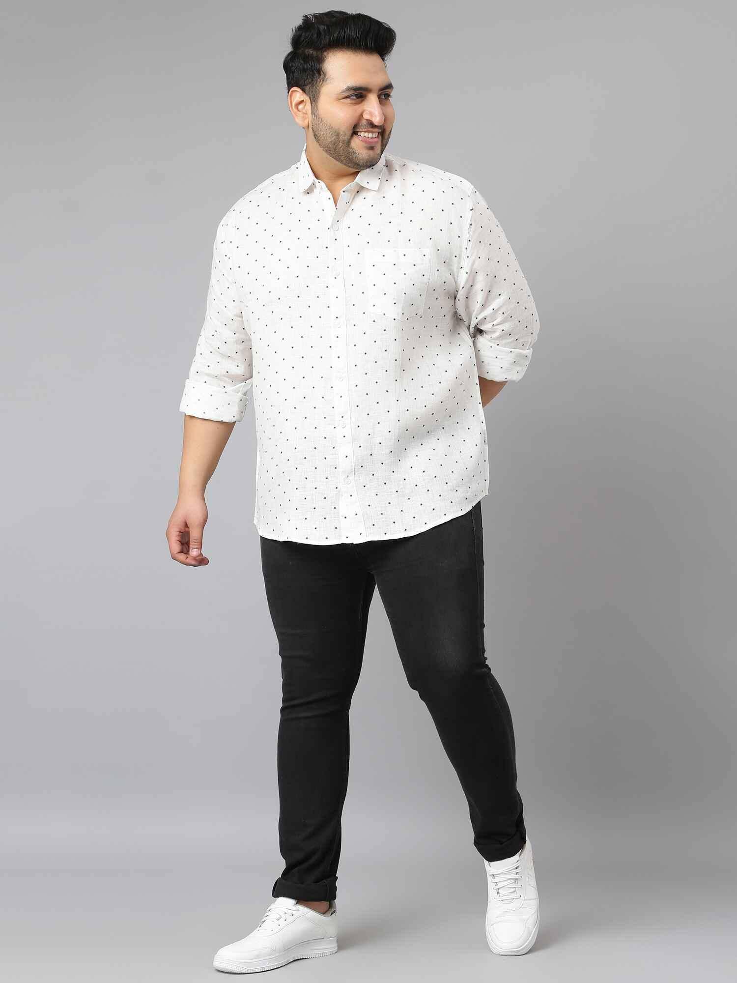 White Linen Printed Casual Shirt Men's Plus Size