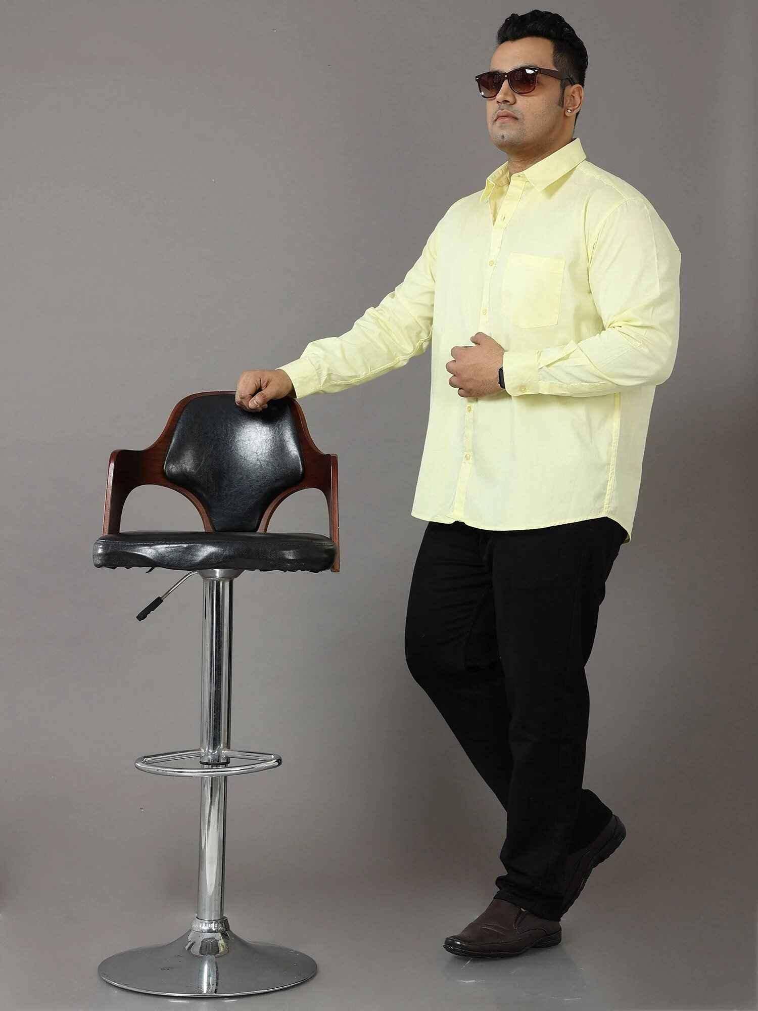Yellow Solid Pure Cotton Shirt Men's Plus Size