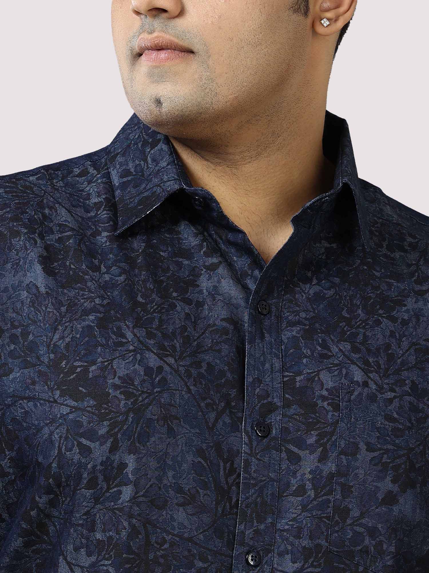 Sky Leaf Digital Printed Denim Half Sleeve Shirt Men's Plus Size