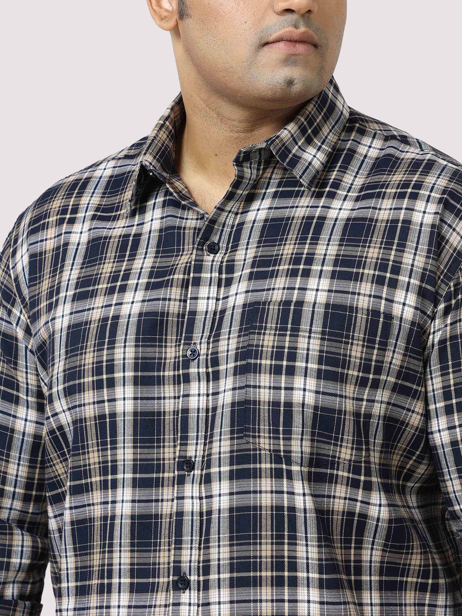 Brown on White Checkered Cotton Full Shirt Men's Plus Size