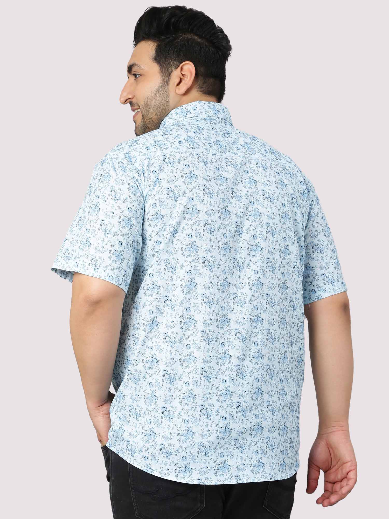 Sky Blue Floral Print Half Sleeve Shirt Men's Plus Size
