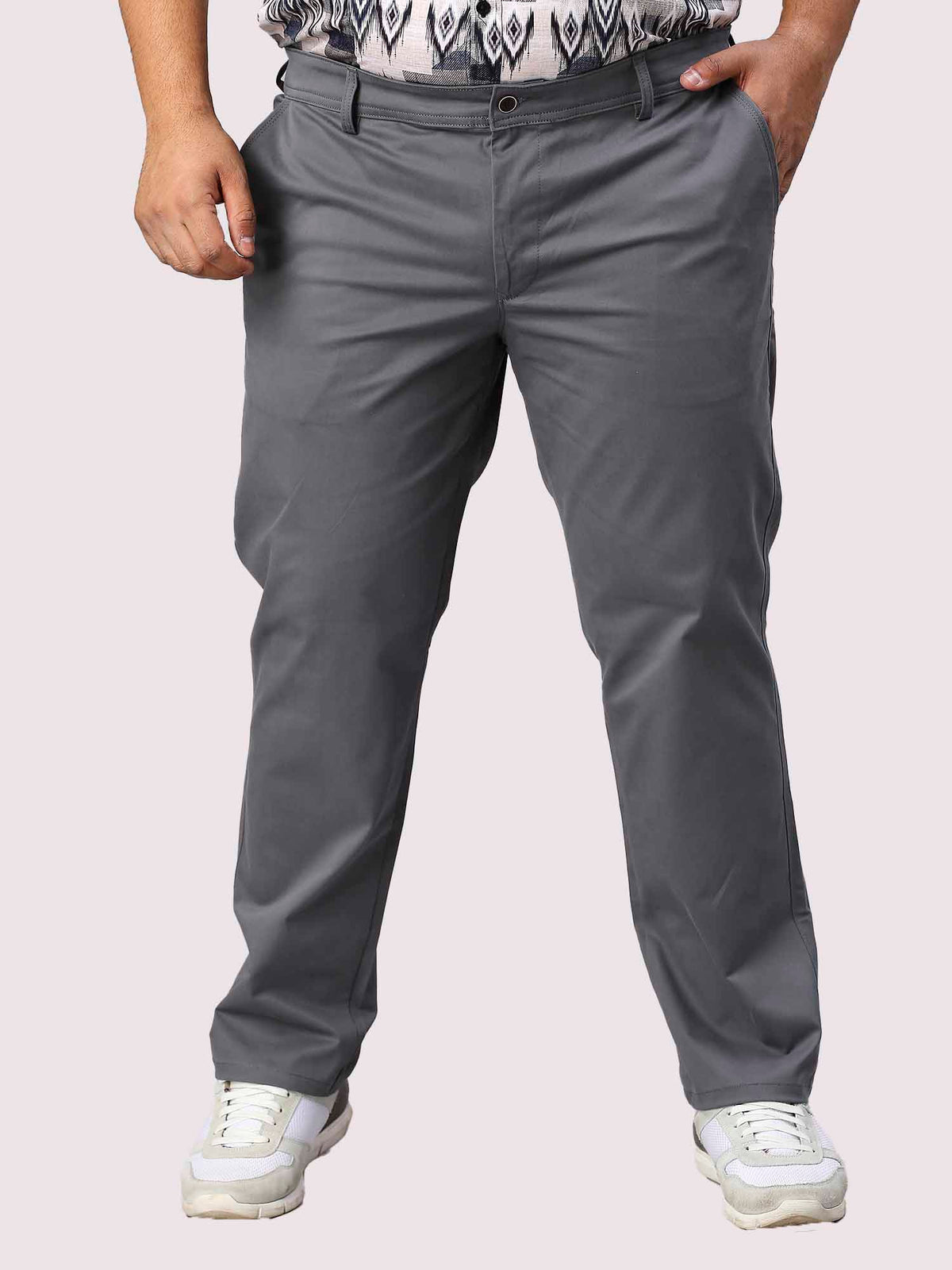 Grey Solid Cotton Trouser Men's Plus Size