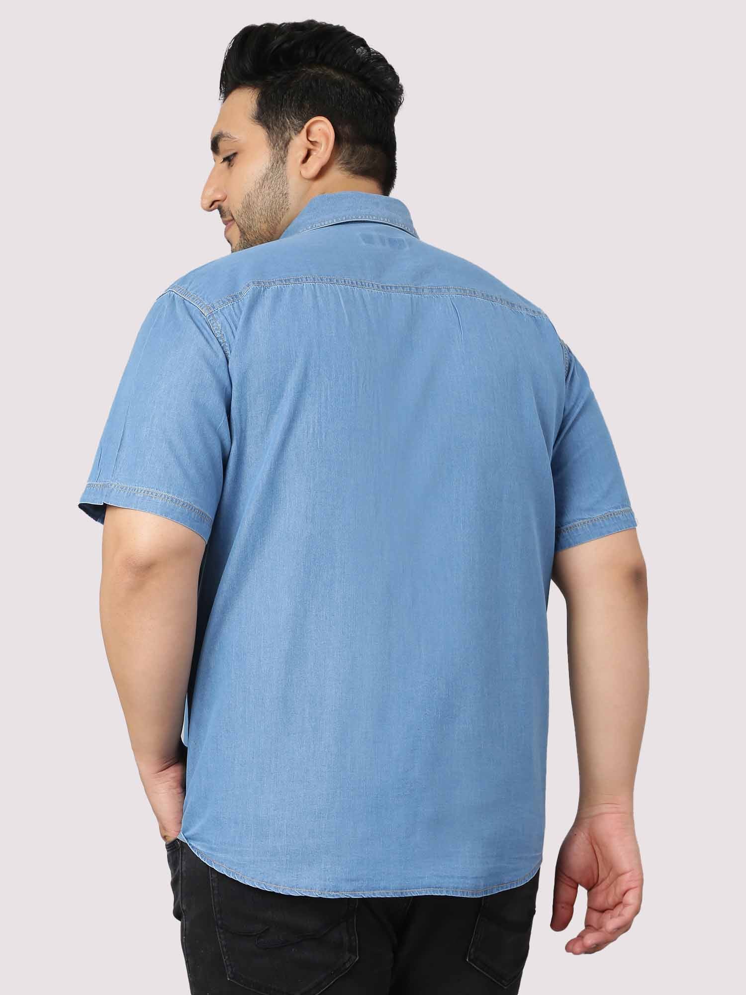 Blue Denim Single Pocket Half Sleeve Shirt Men's Plus Size