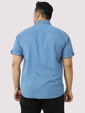 Blue Denim Double Pocket Half Sleeve Shirt Men's Plus Size