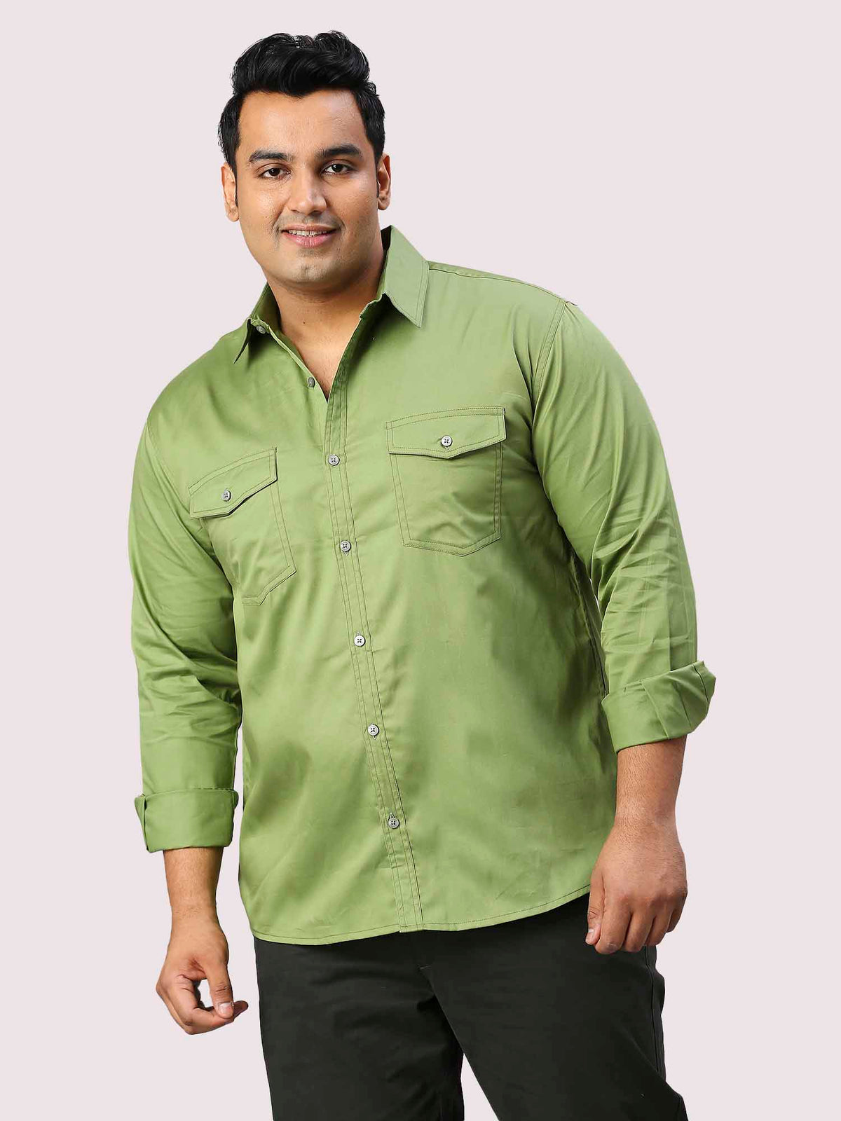 Pista Green Solid Pure Cotton Double Pocket Full Sleeve Shirt Men's Plus Size