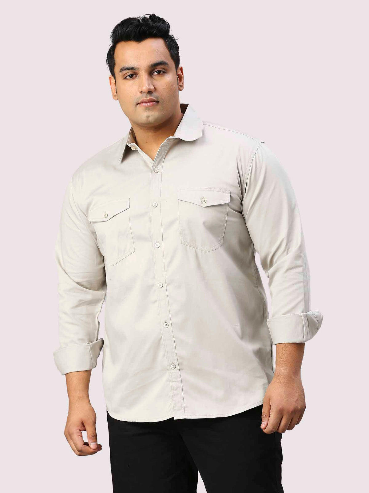 Harbor Grey Solid Pure Cotton Double Pocket Full Sleeve Shirt Men's Plus Size