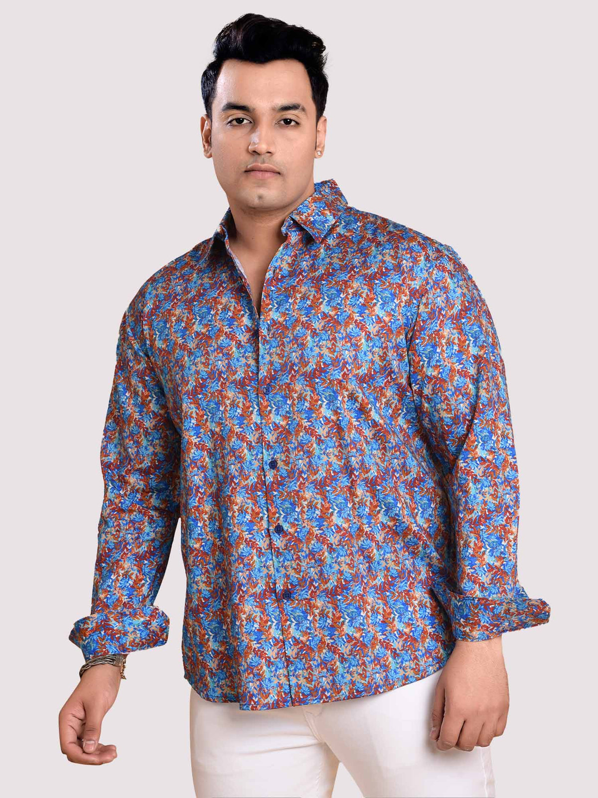 Small Leaf Printed Cotton Full sleeve Men's Plus size