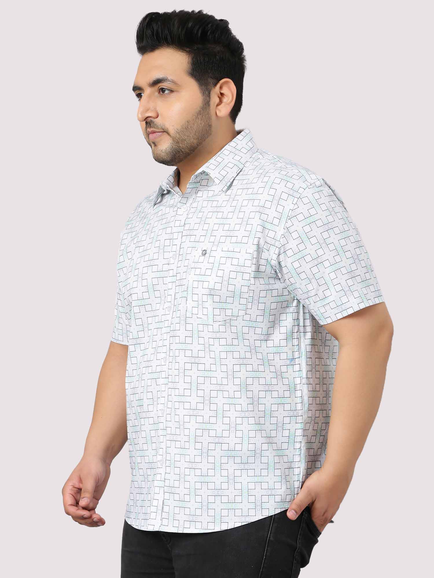 White Grey Connecting Checks Half Sleeve Shirt Men's Plus Size