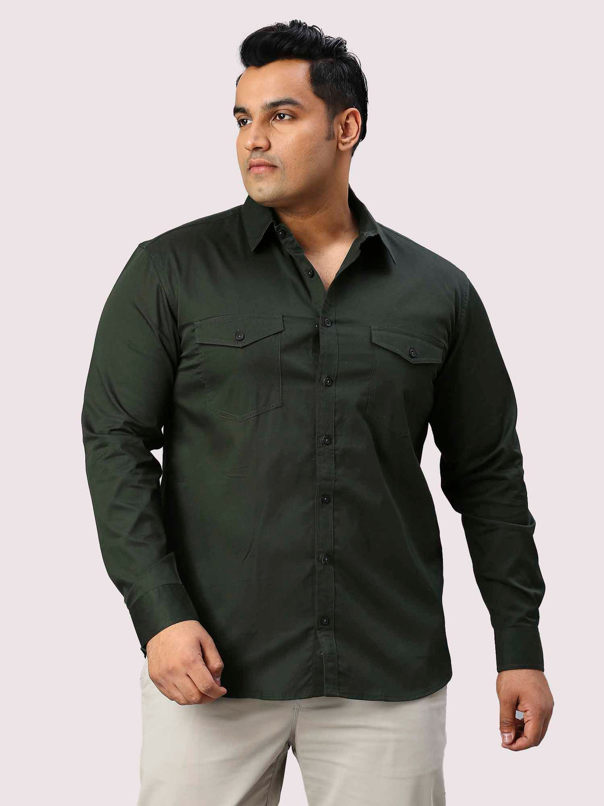 Olive Green Solid Pure Cotton Double Pocket Full Sleeve Shirt Men's Plus Size