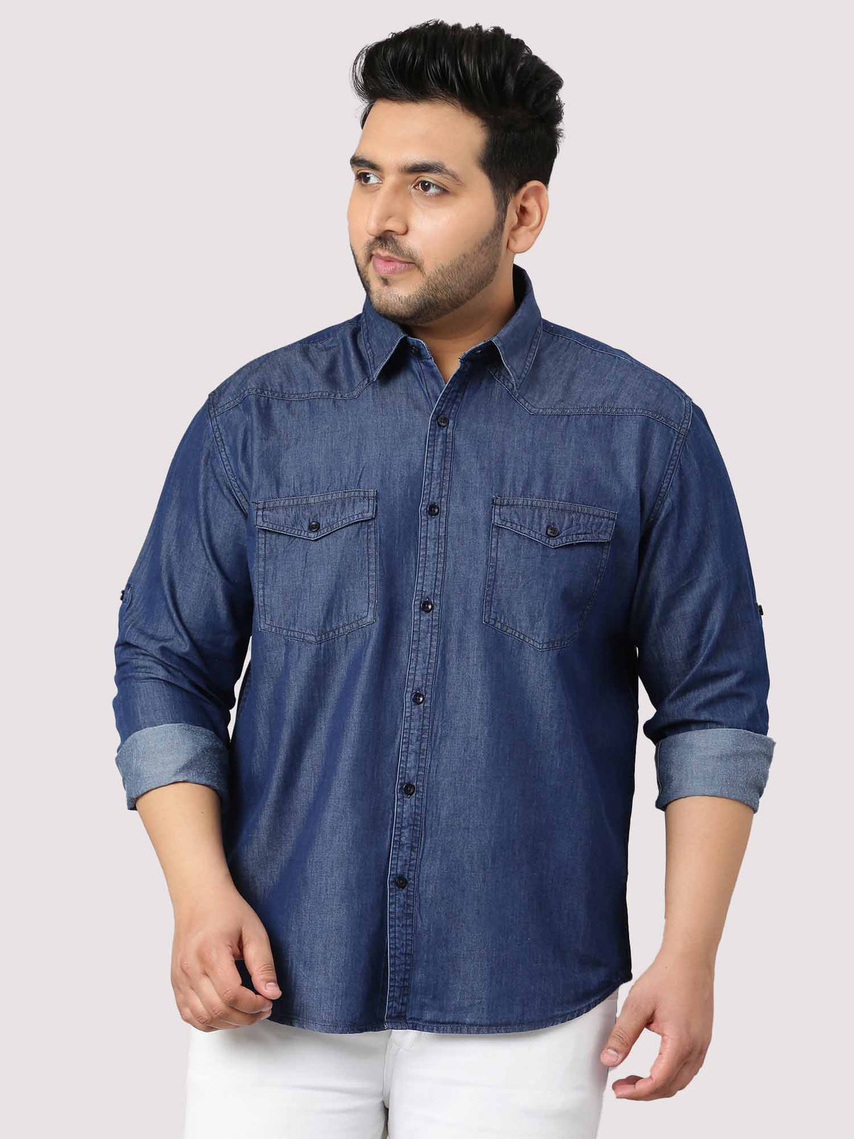 Indigo Denim Double Pocket Full Sleeve Shirt Men's Plus Size