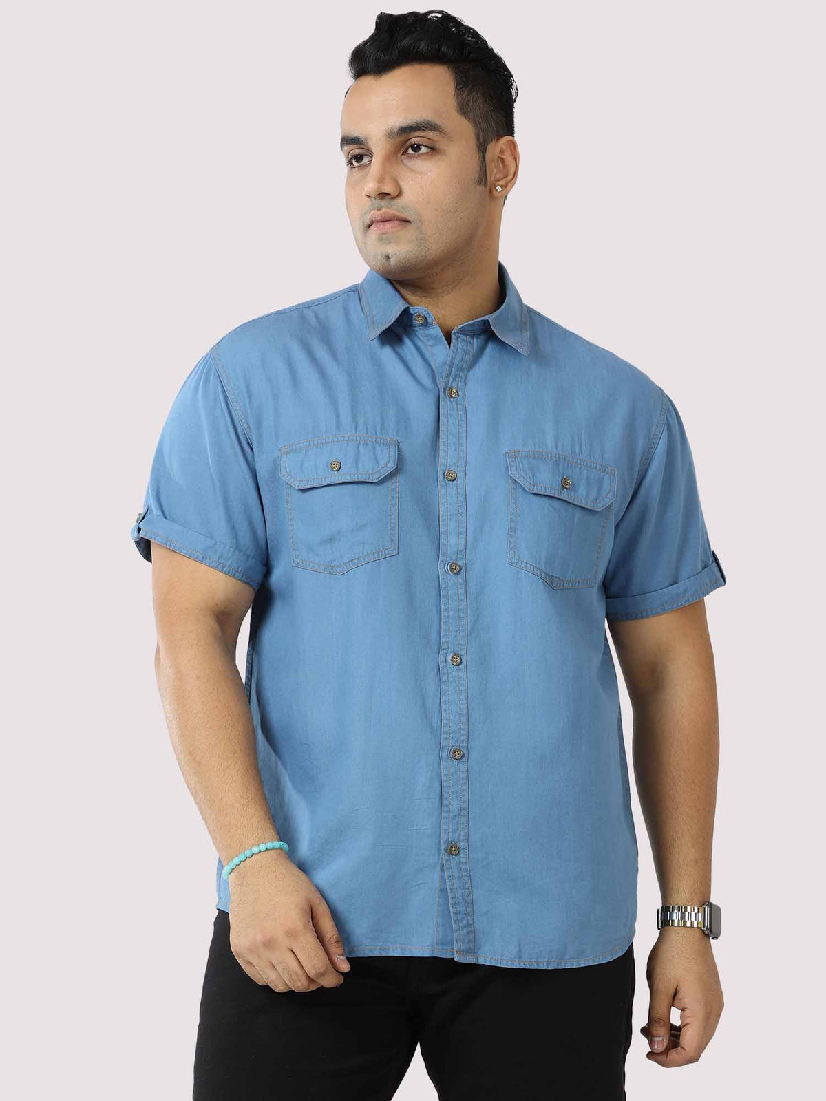 Blue Denim Double Pocket Half Sleeve Shirt Men's Plus Size