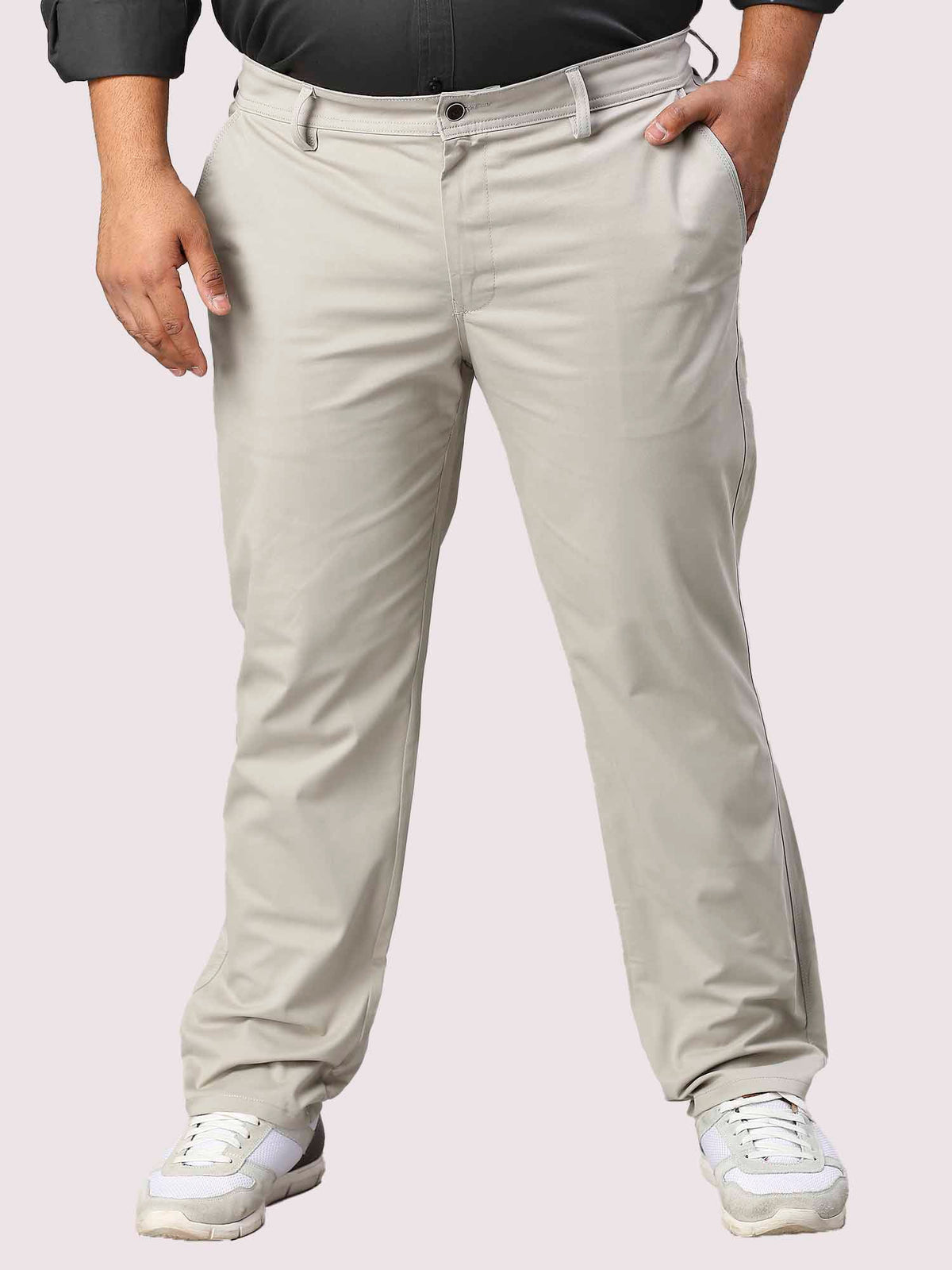 Cream Solid Cotton Trouser Men's Plus Size