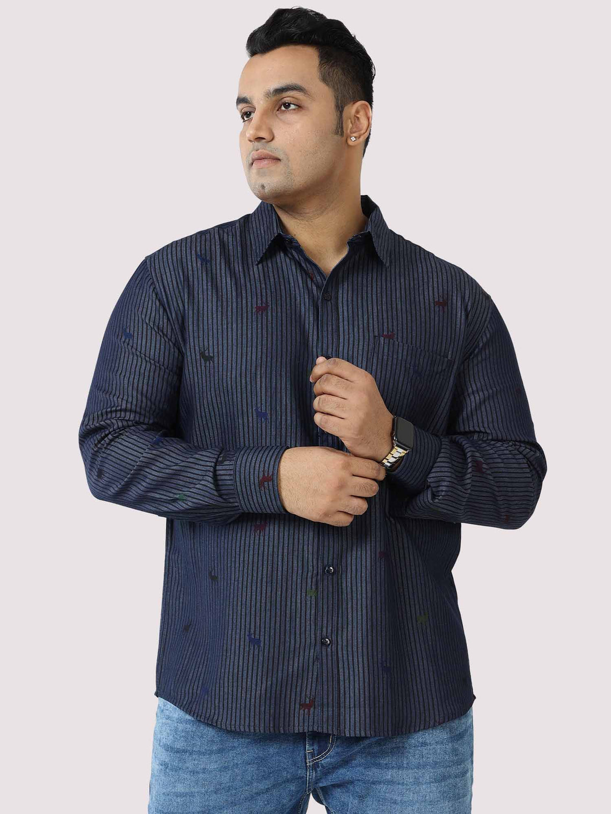 Blue Denim Stripe Printed  Full  Sleeve Shirt Men's Plus Size