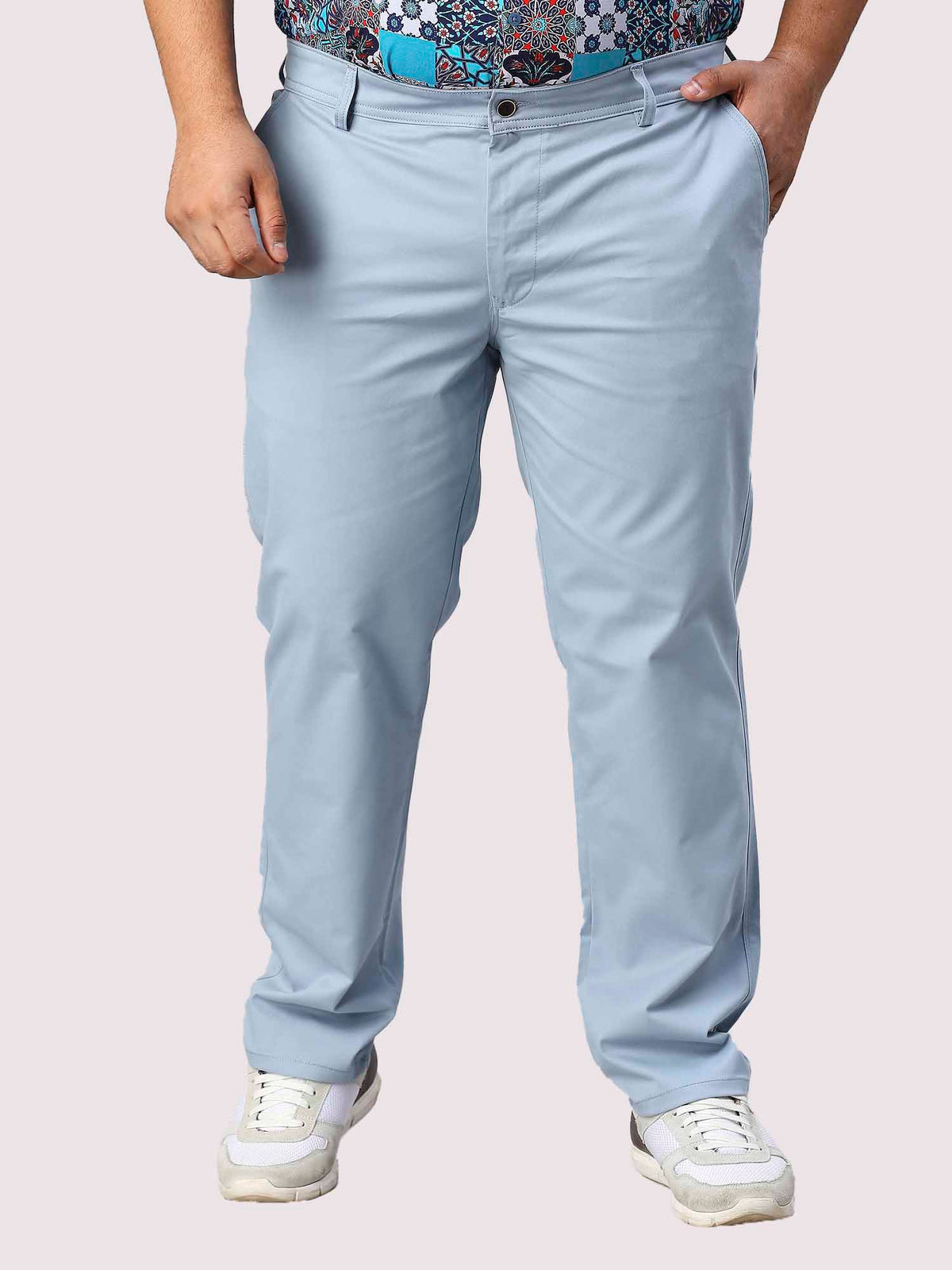 Aqua Blue Solid Cotton Trouser Men's Plus Size