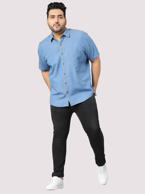 Blue Denim Single Pocket Half Sleeve Shirt Men's Plus Size