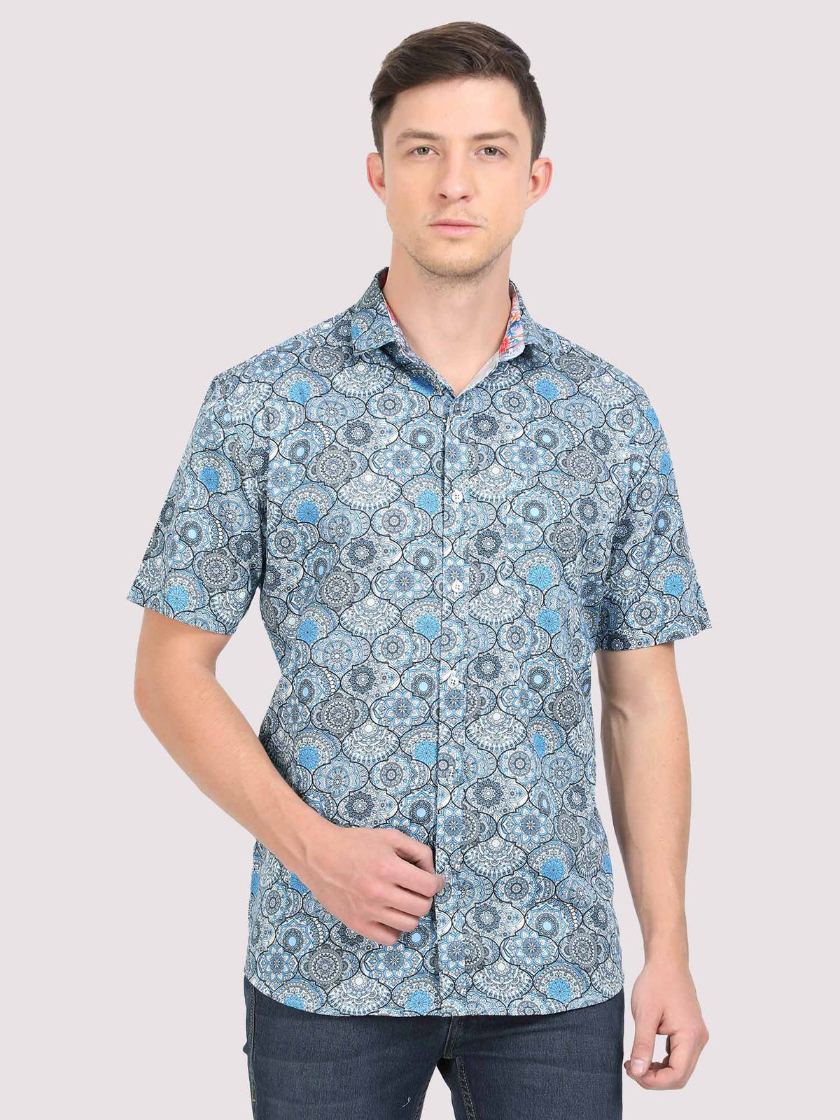Mandala Grey Digital Printed Half Shirt