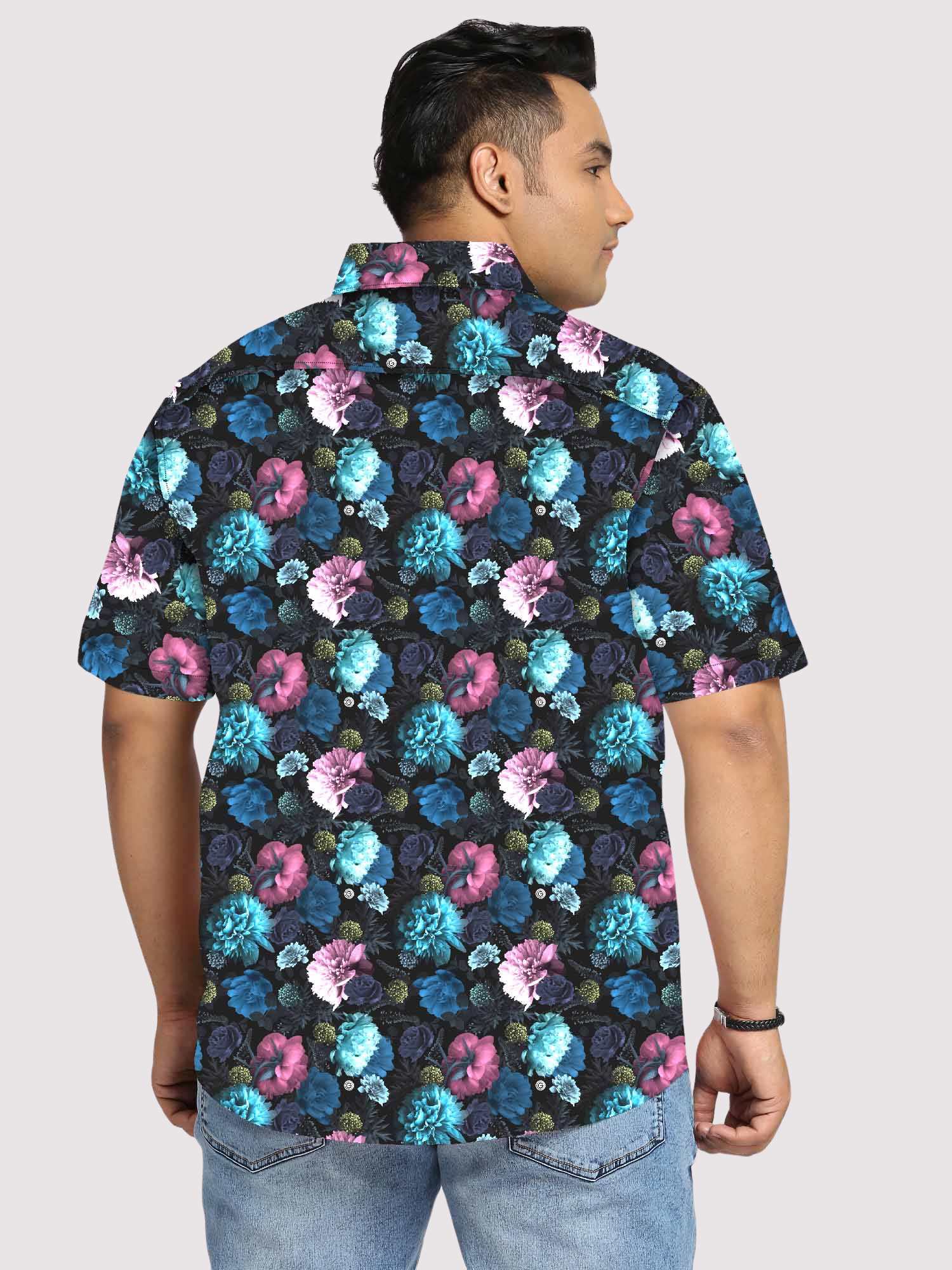 Blue and Pink Flowers Digital Printed Half Sleeve Shirt Men's Plus Size